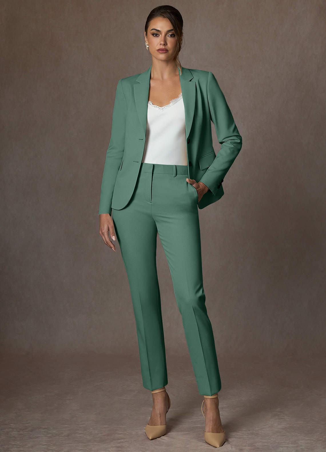 front Whitney Eucalyptus Structured Stretch Full Length Pants Suit