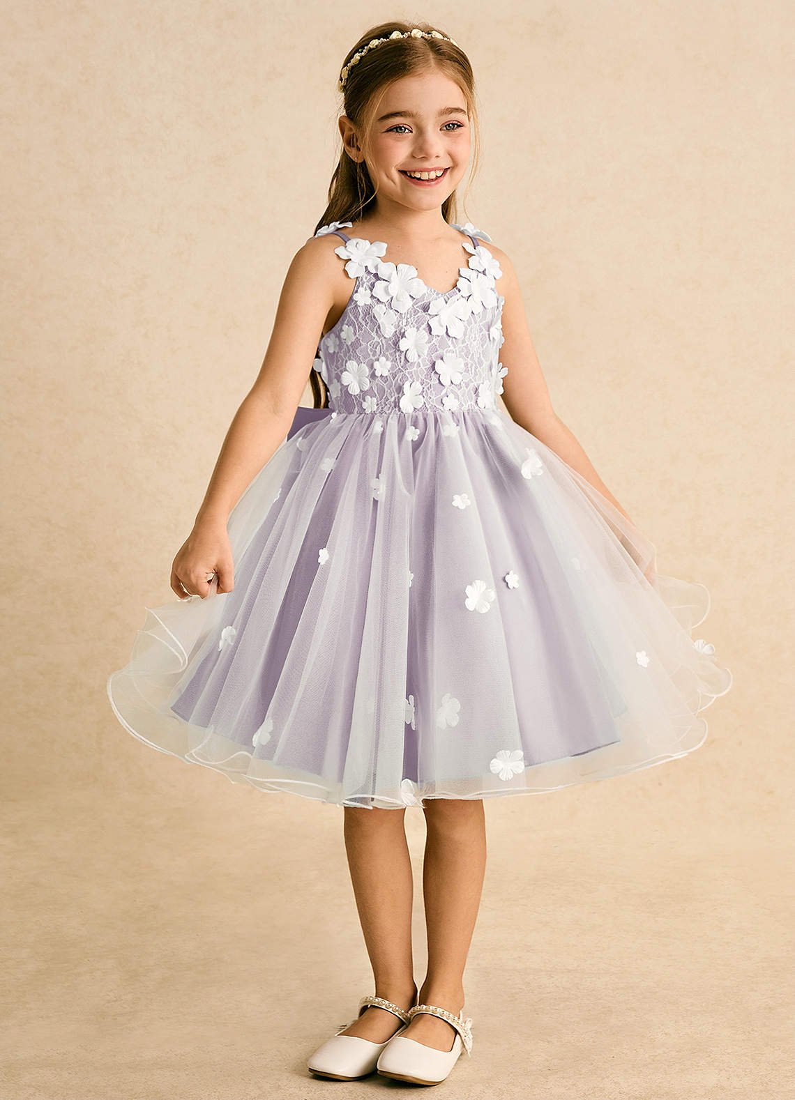 Azazie Junebug Vestidos de florista Vestido Marfim Lilás Fosco de Tule de Vestido de baile com Renda image4