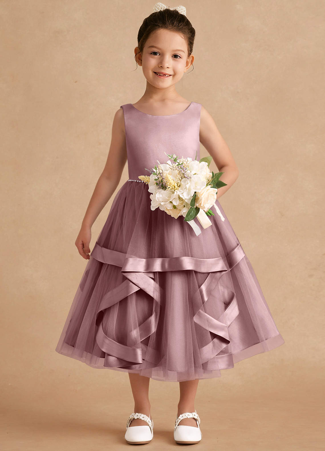Azazie Posy Flower Girl Dresses Dusty Rose A-Line Beaded Tulle Dress image3