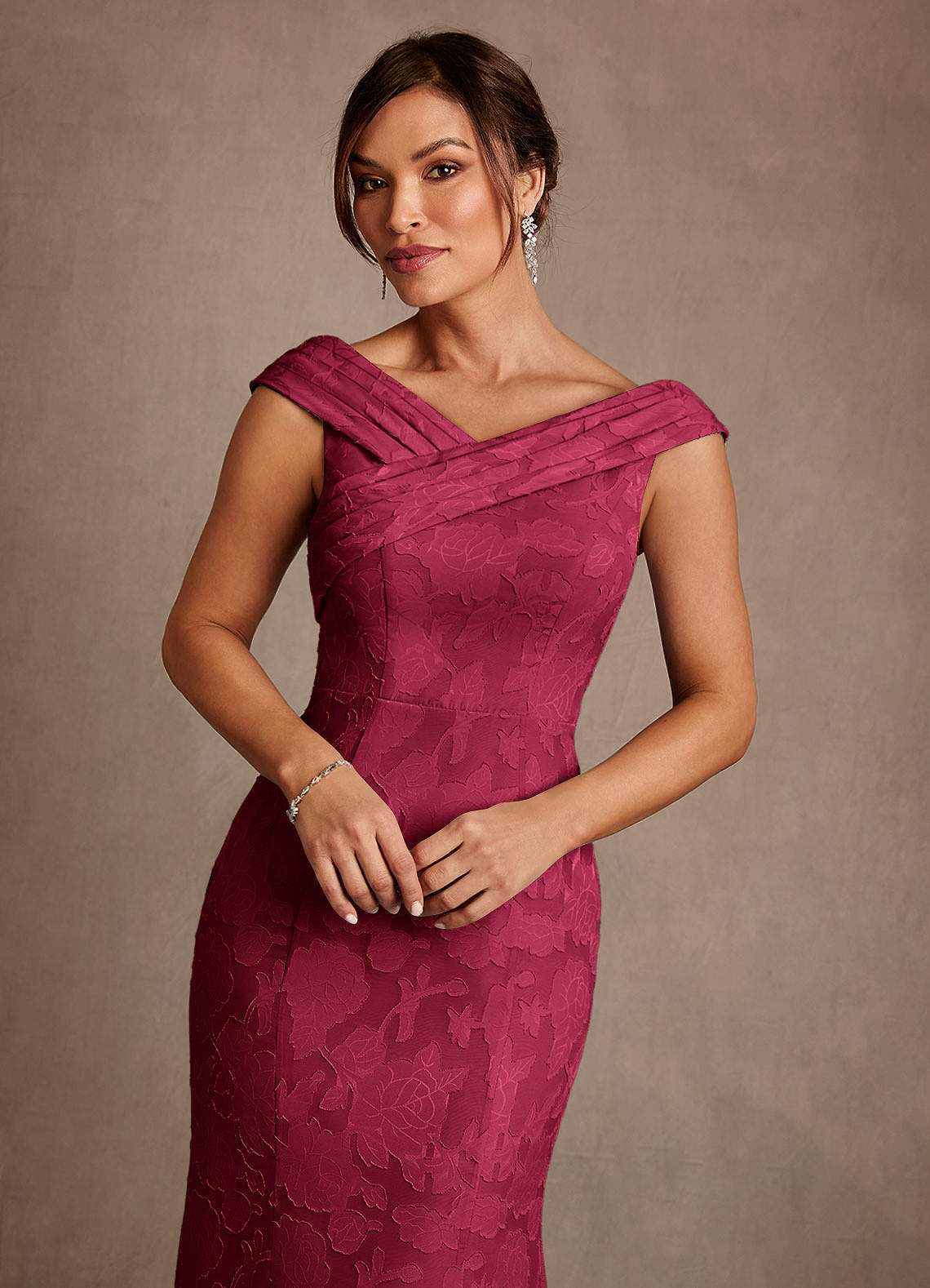 Azazie Keith Mother of the Bride Dresses Burgundy Sheath Pleated Floral Burnout Dress image3