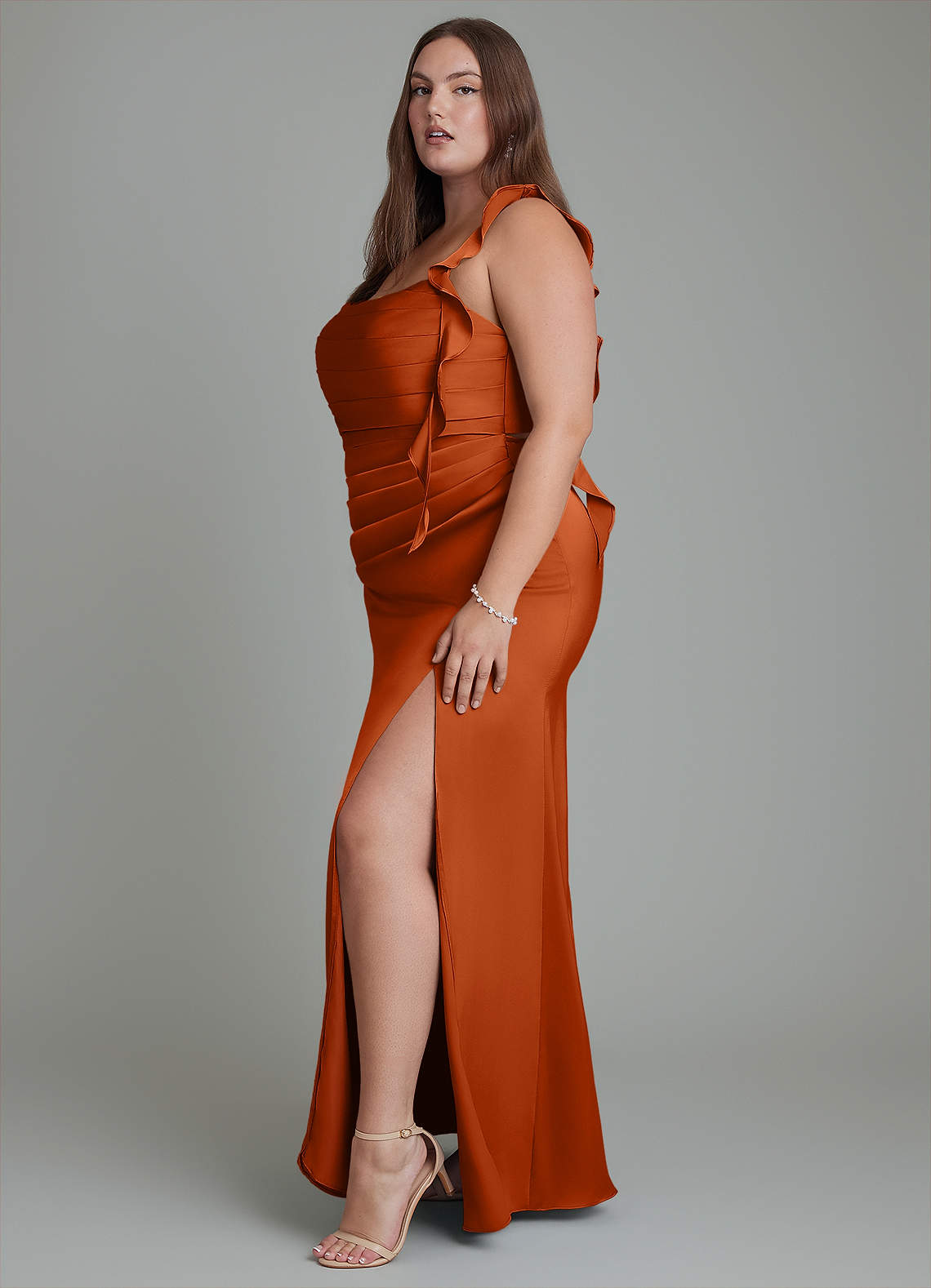 Azazie Jessamine Bridesmaid Dresses Burnt Orange Sheath Corset Stretch Satin Dress image12