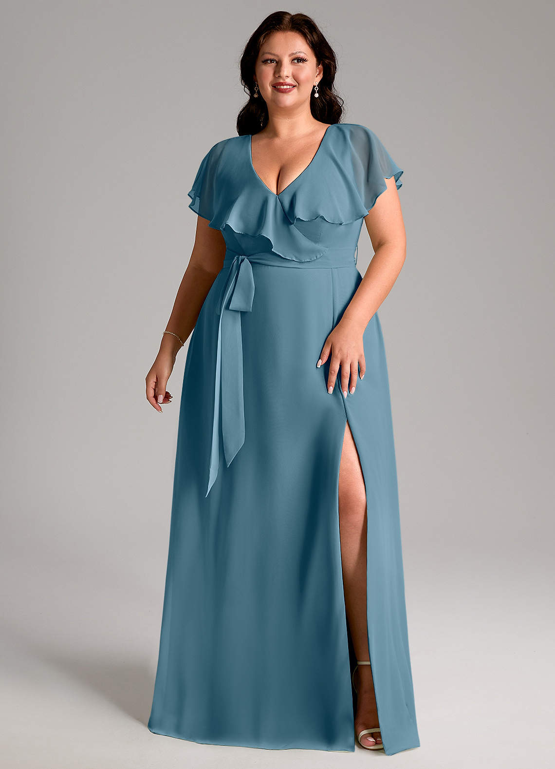 Azazie Lainey At-home Try On Dresses Dusty Sage A-Line with Pockets Chiffon Dress image9