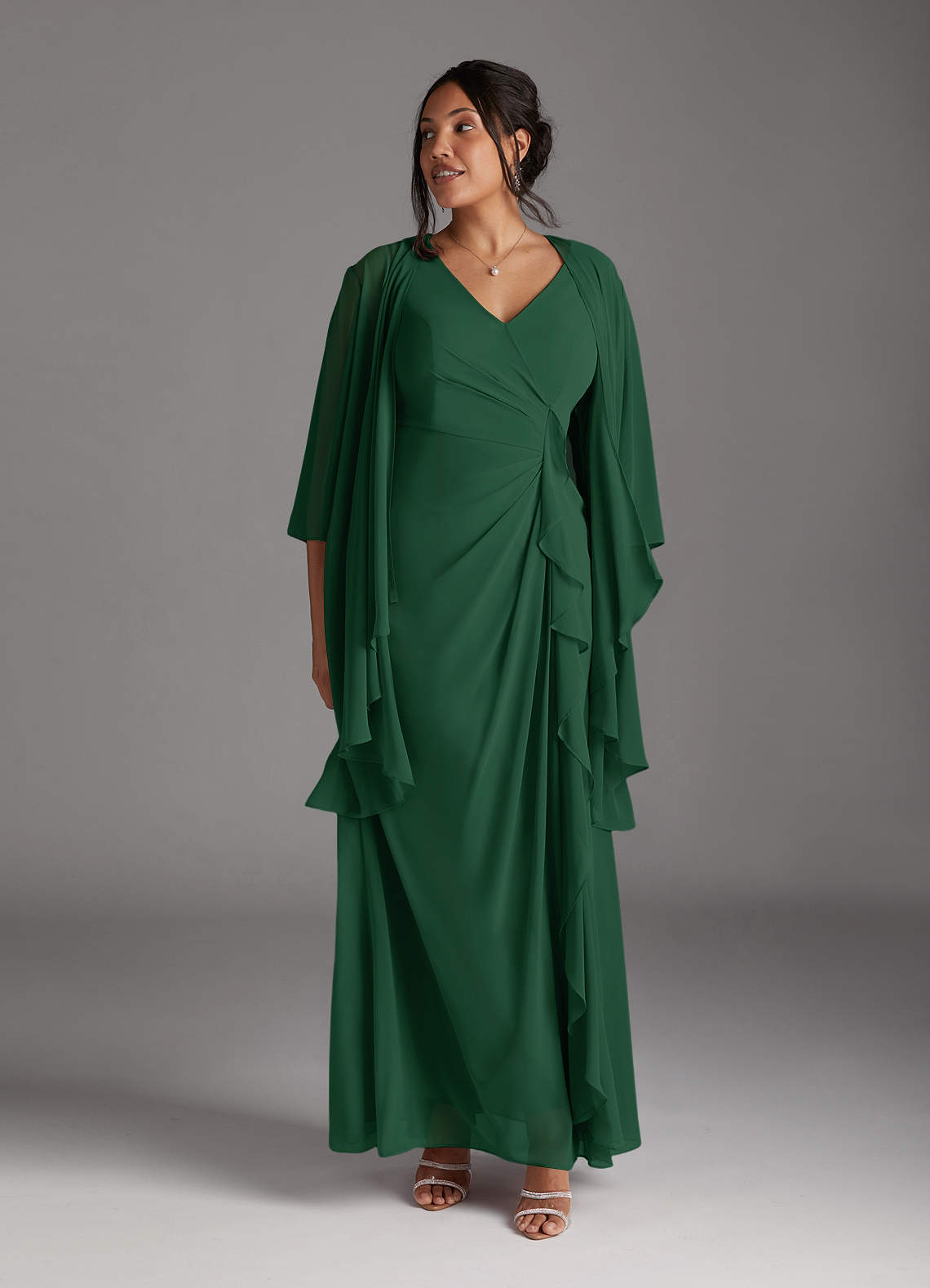 Azazie Manuella Dark Green A-Line V-Neck Pleated Chiffon Dress