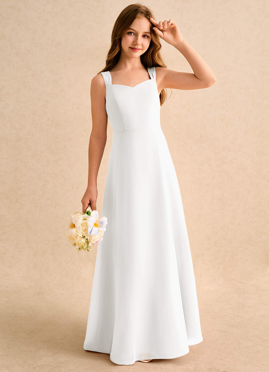 Azazie Makani Girls Formal Kukkatyttöjen mekot A-linja Sydänpääntie Sifonki Lattian pituus Mekko image3