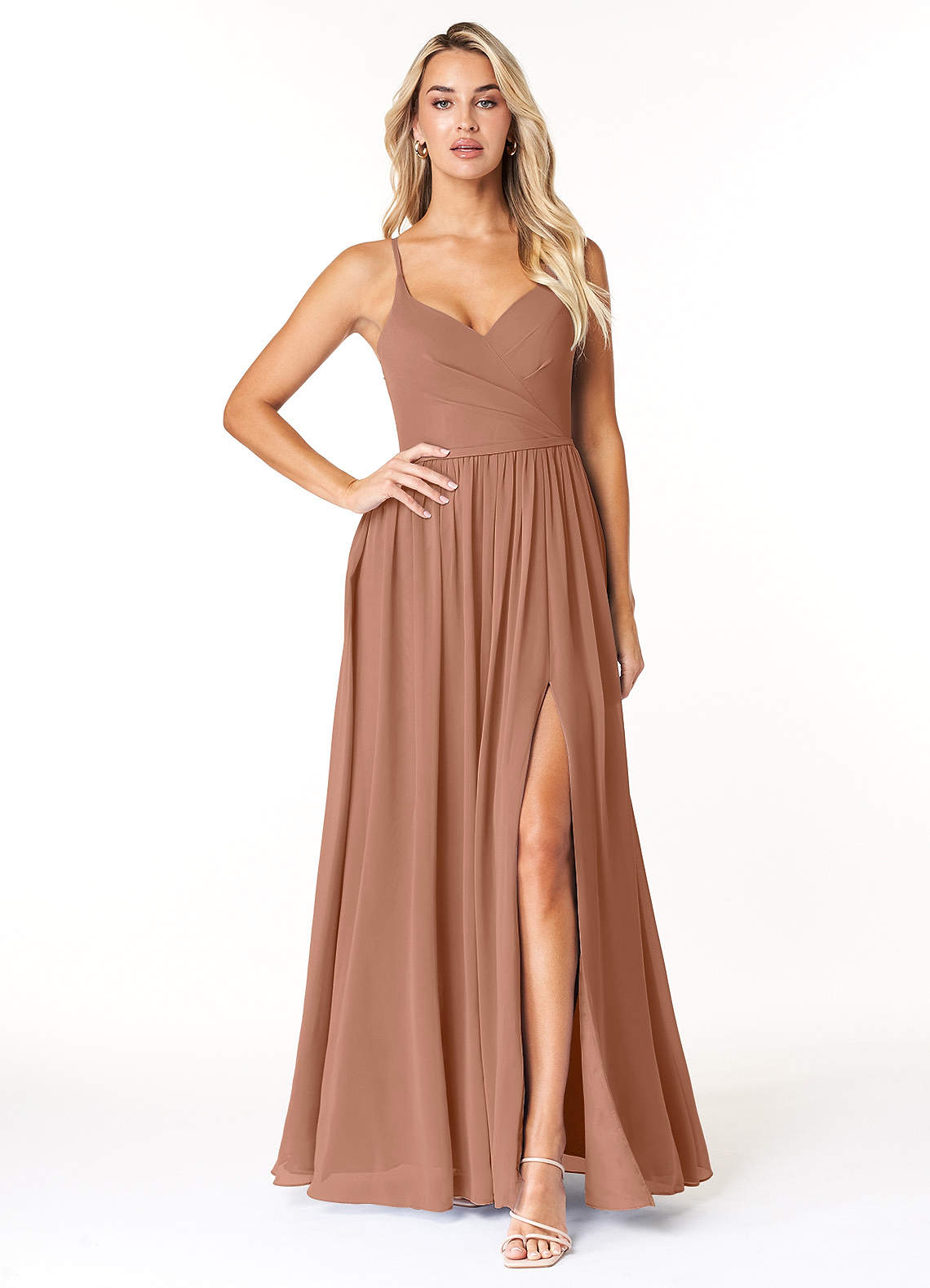 Azazie Dominic Bridesmaid Dresses Bronzer A-Line V-Neck Pleated Chiffon Dress image1