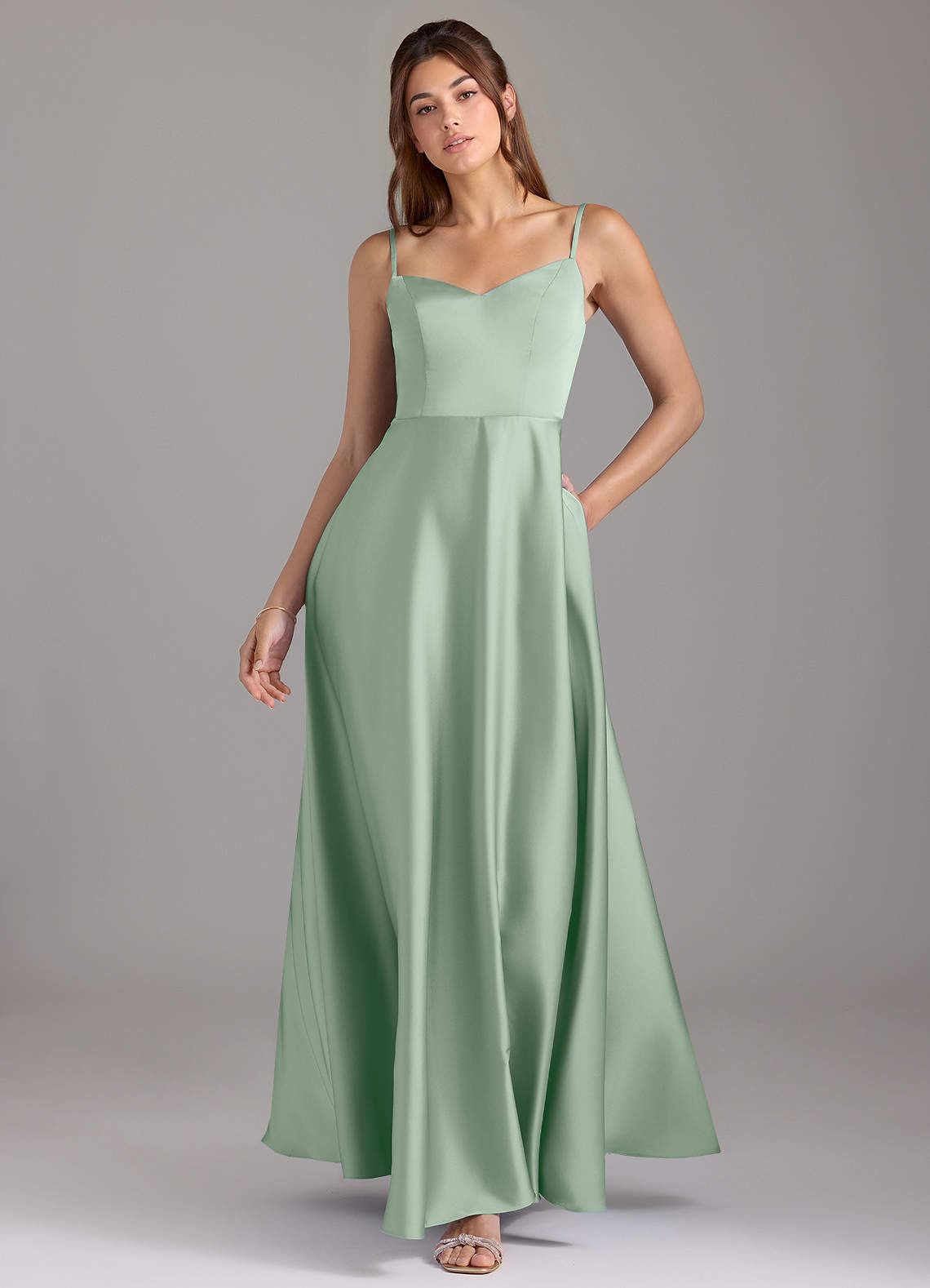 Azazie Marley Bridesmaid Dresses Agave A-Line Off the Shoulder Stretch Satin Convertible Dress image1