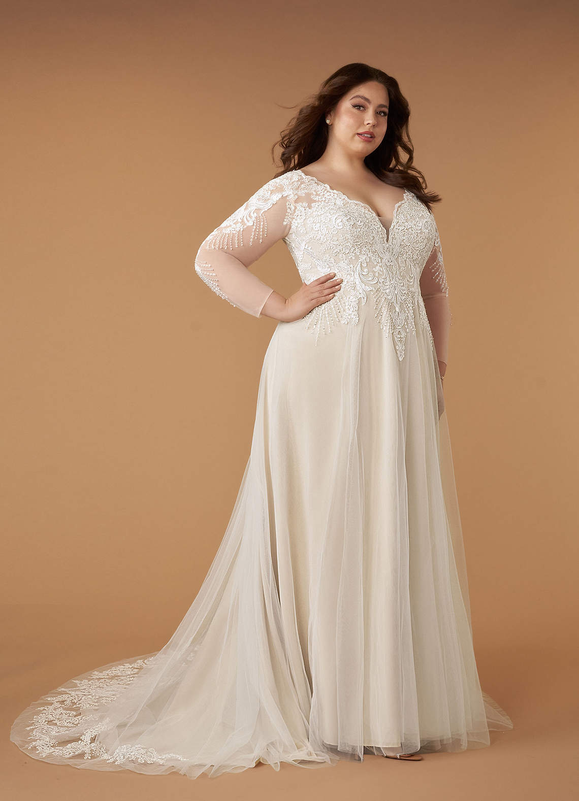 Azazie Essy Wedding Dresses Diamond White Champagne A-Line V-Neck Sequins Tulle Dress image7