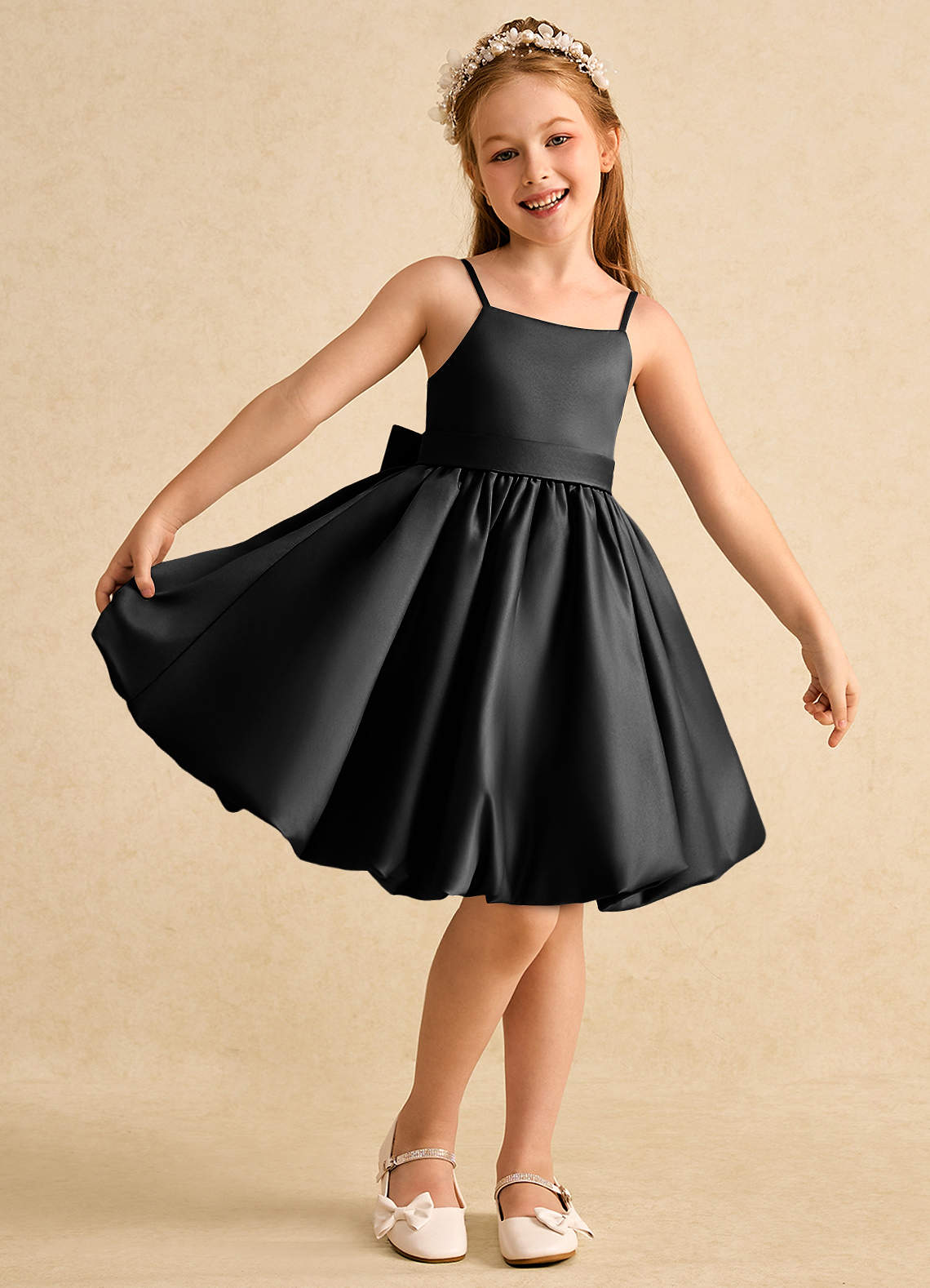 Azazie Davine Black A-Line Spaghetti Strap Matte Satin Dress | Azazie