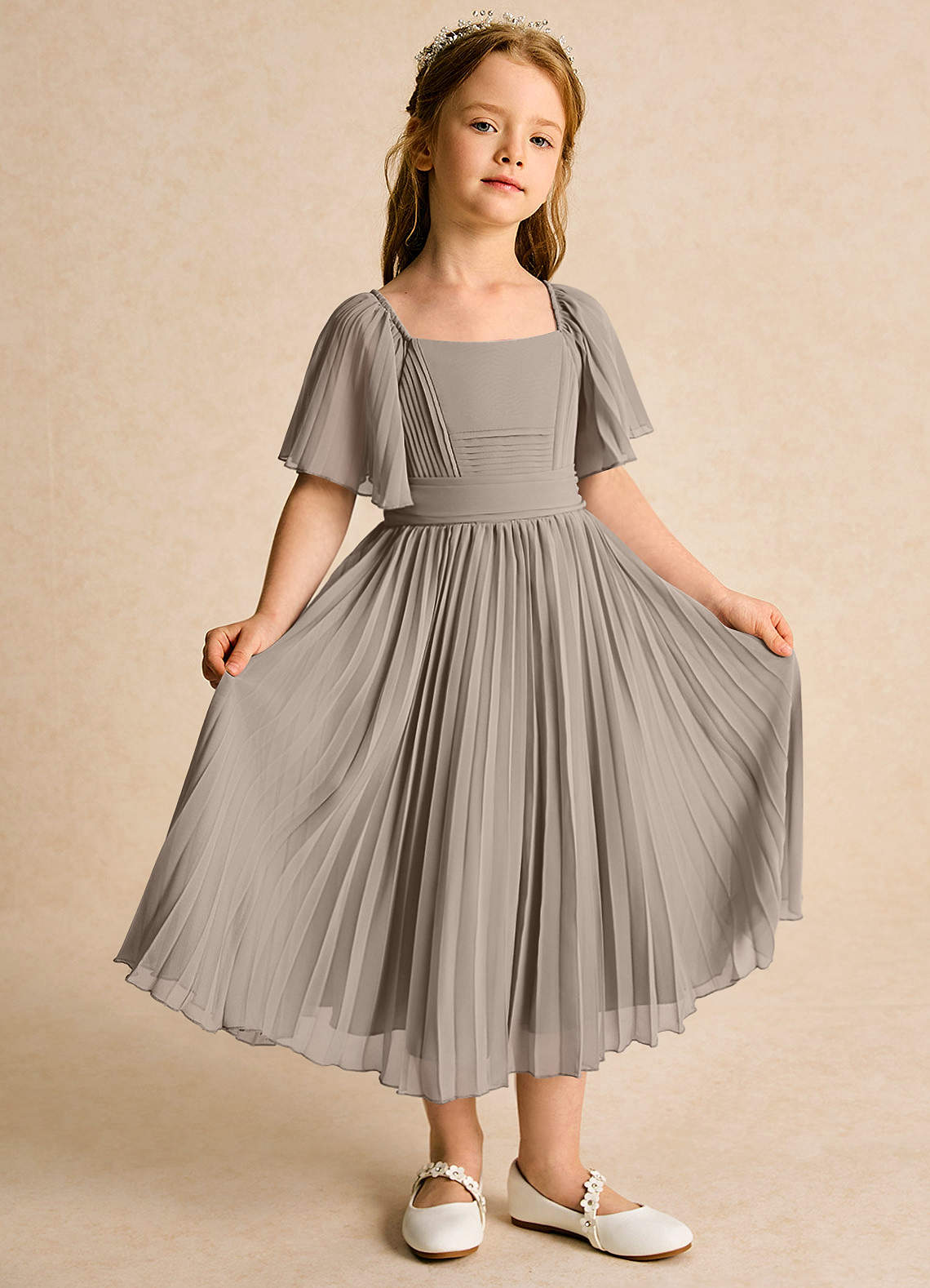 Azazie Gisele vestidos de niña de las flores Vestido de Gris Pardo de Gasa de Corte En A con Plisado image4
