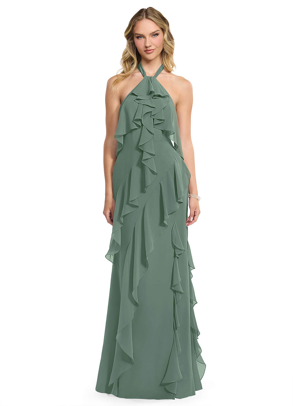 Azazie Velma Bridesmaid Dresses Eucalyptus A-Line Side Slit Chiffon Dress image1