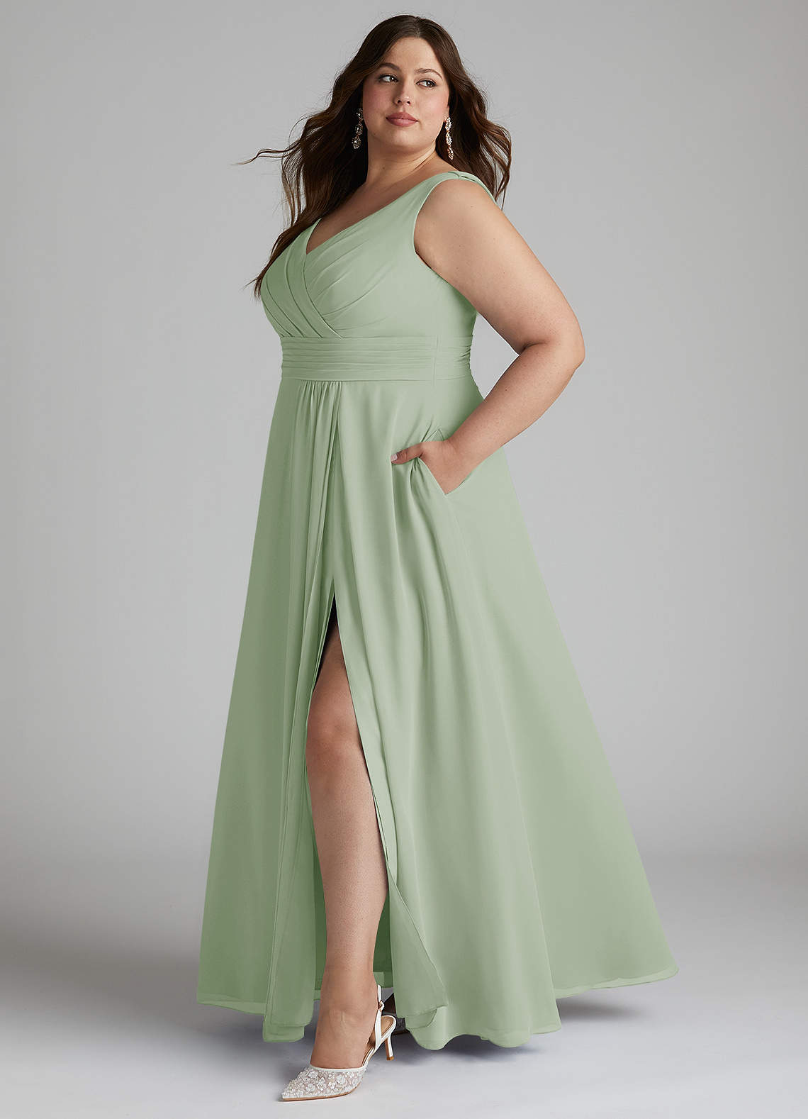 Azazie Karina Bridesmaid Dresses Dusty Sage A-Line Pleated Chiffon Dress image6