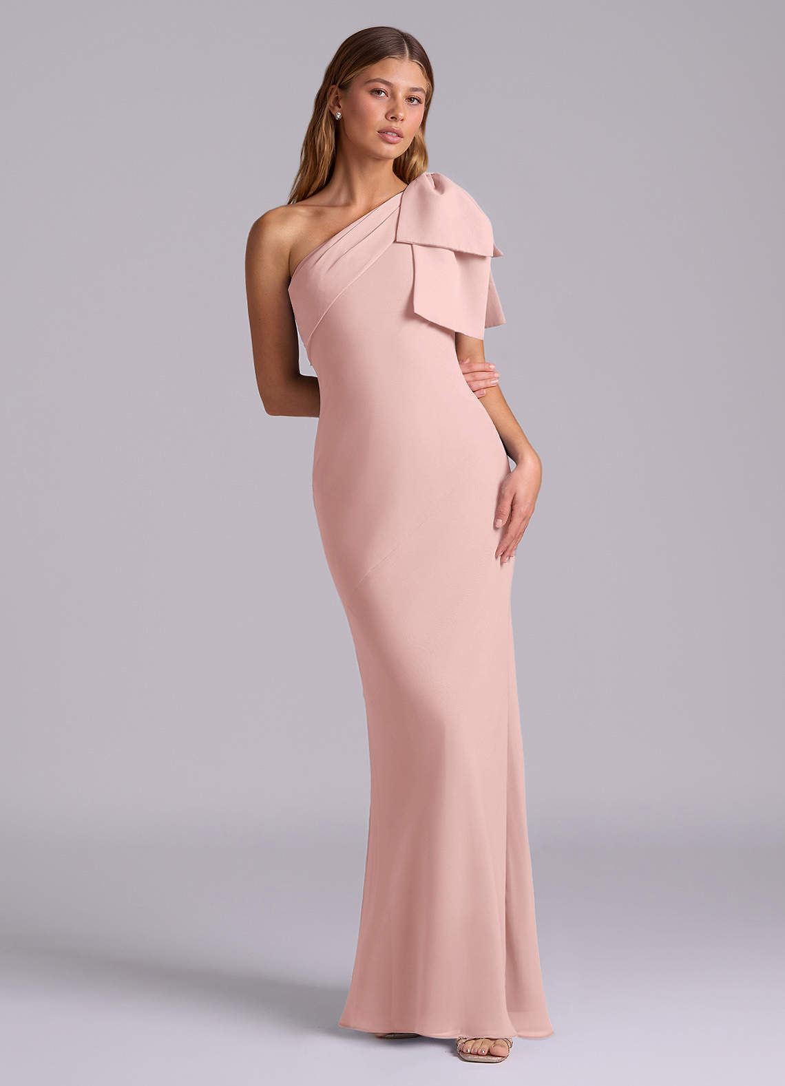 Azazie Yuanna Bridesmaid Dresses Powder Pink Mermaid One Shoulder Chiffon Dress image2