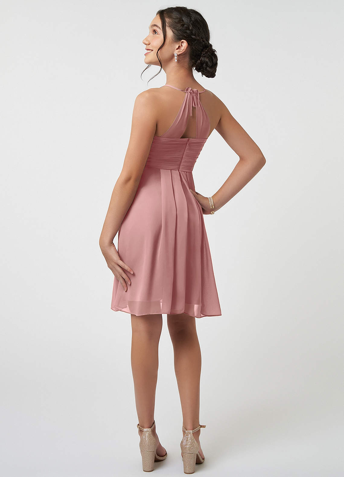 Azazie Ginny Junior A-Linie Plissee Chiffon Kleid Altrosa image3