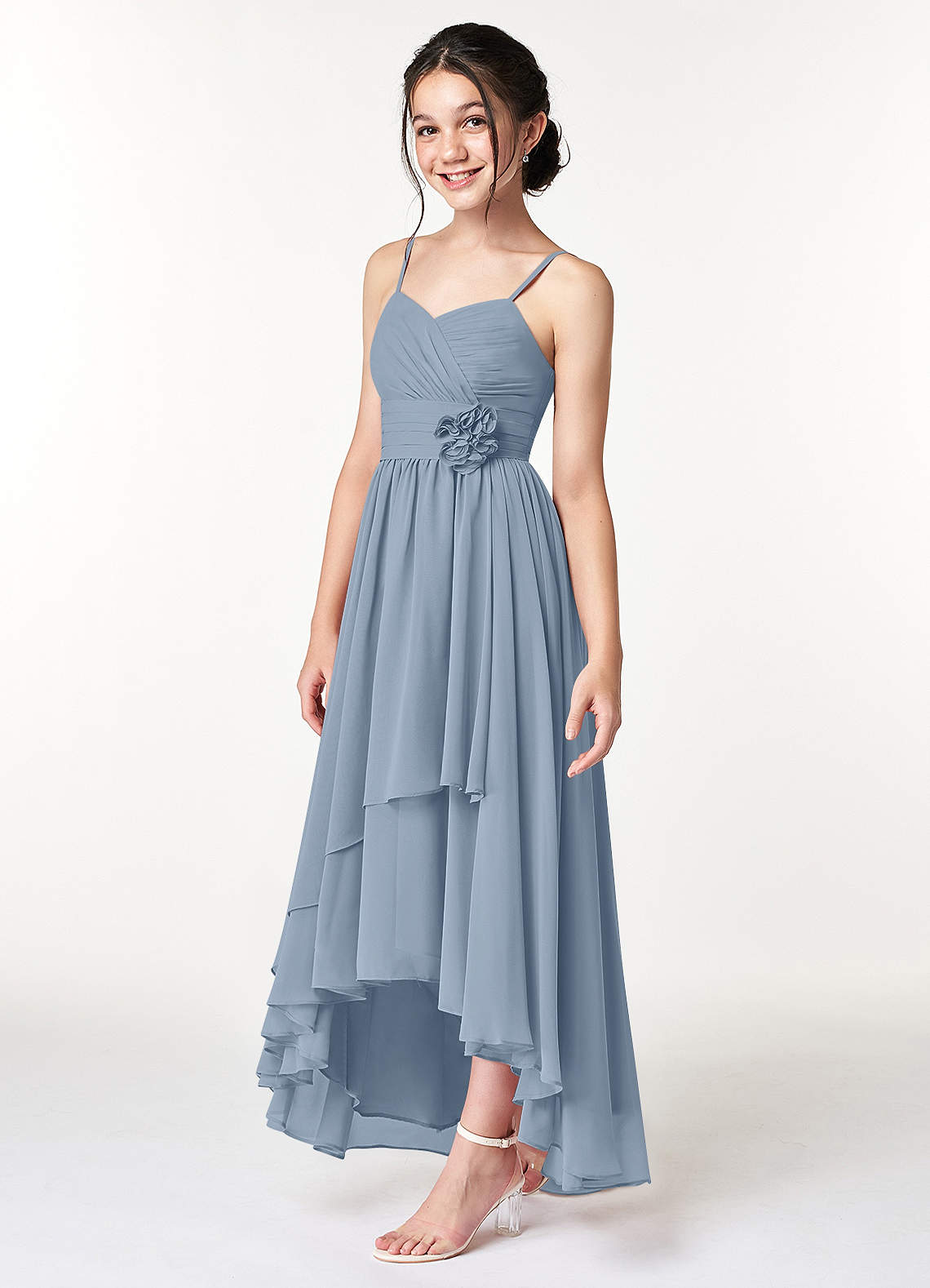 Azazie Catalina Junior Dusty Blue A-Line Ruched Chiffon Dress image2