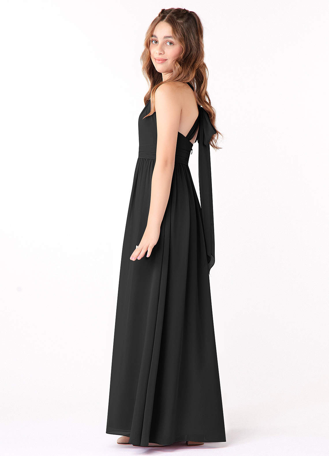 Azazie Jaylah Junior Black A-Line Ruched Chiffon Dress image2