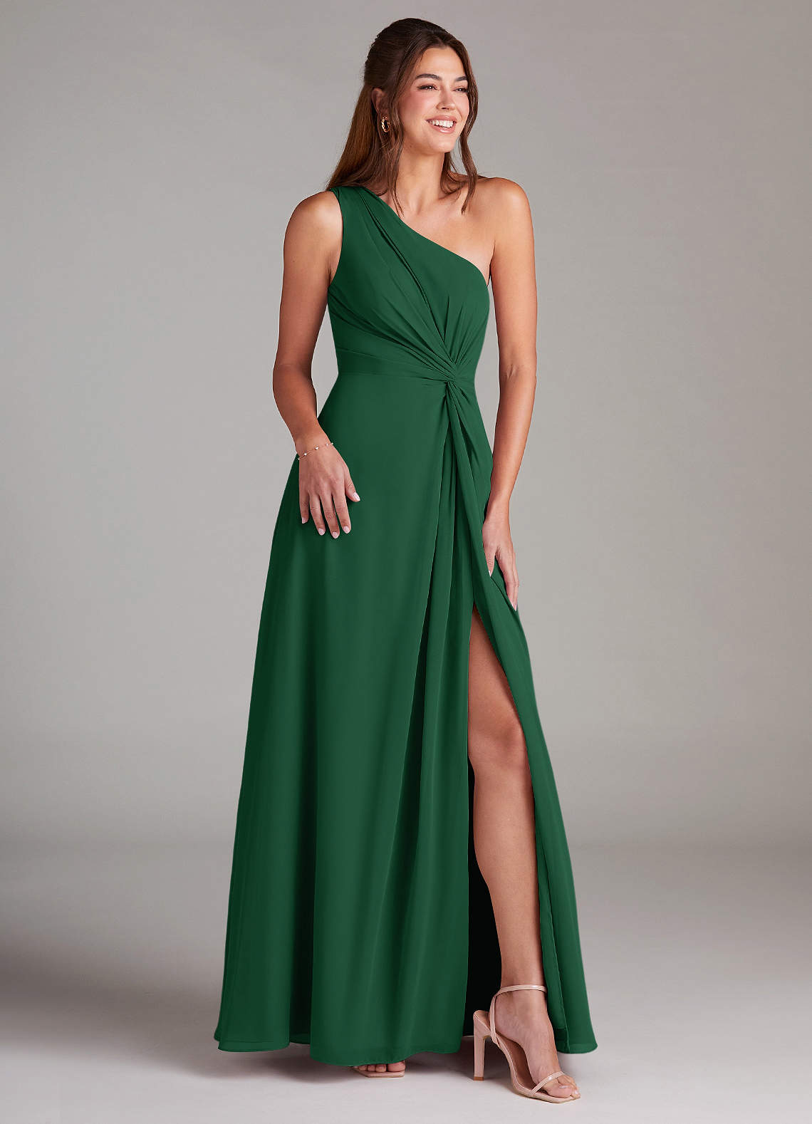 Azazie Brooke Bridesmaid Dresses Dark Green A-Line One Shoulder Chiffon Dress image3