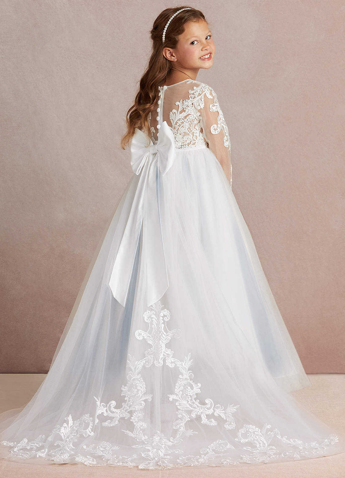 Azazie Elodie Flower Girl Dresses Ivory Dusty Blue Ball-Gown Lace Dress image1