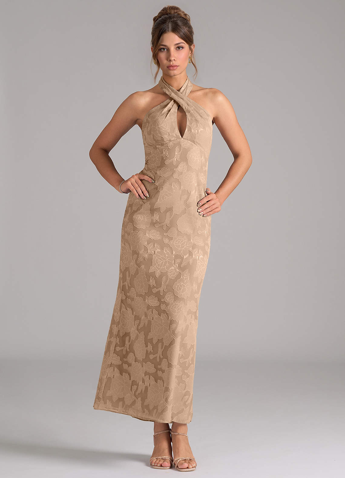 Azazie Marlissa Bridesmaid Dresses Champagne Sheath Pleated Floral Burnout Dress image1