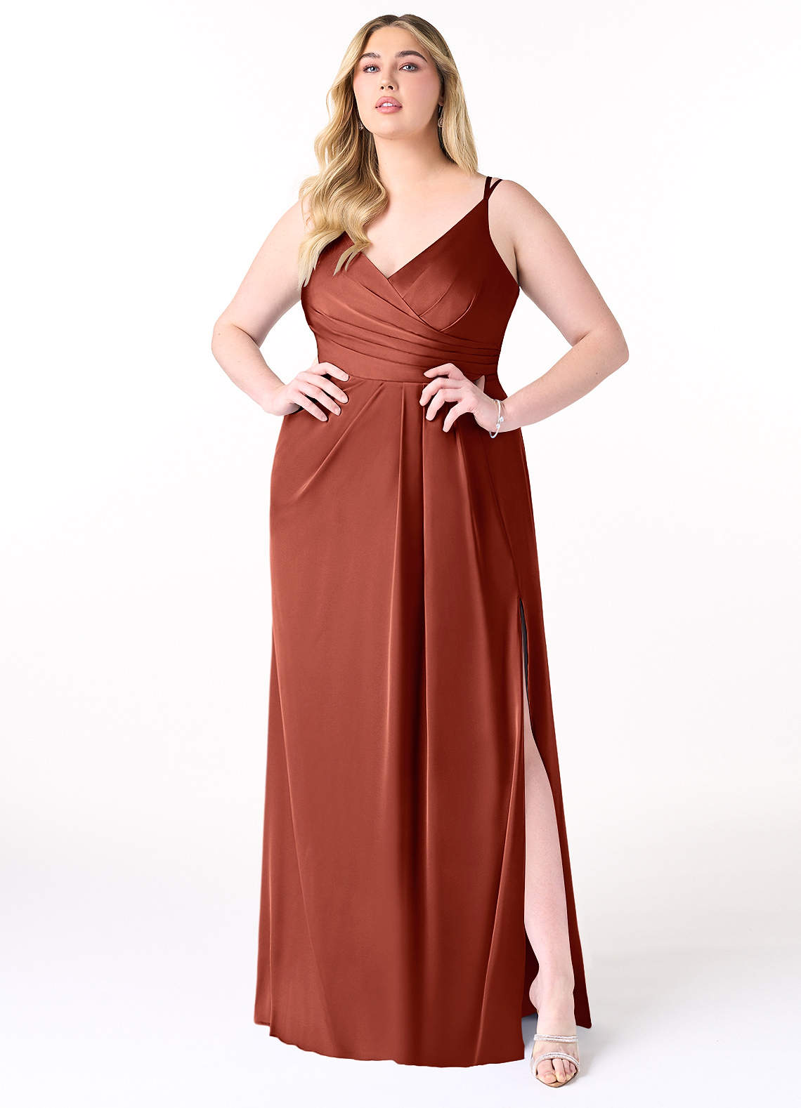 Azazie Aqua Bridesmaid Dresses Terracotta A-Line V-Neck Pleated Stretch Satin Dress image1