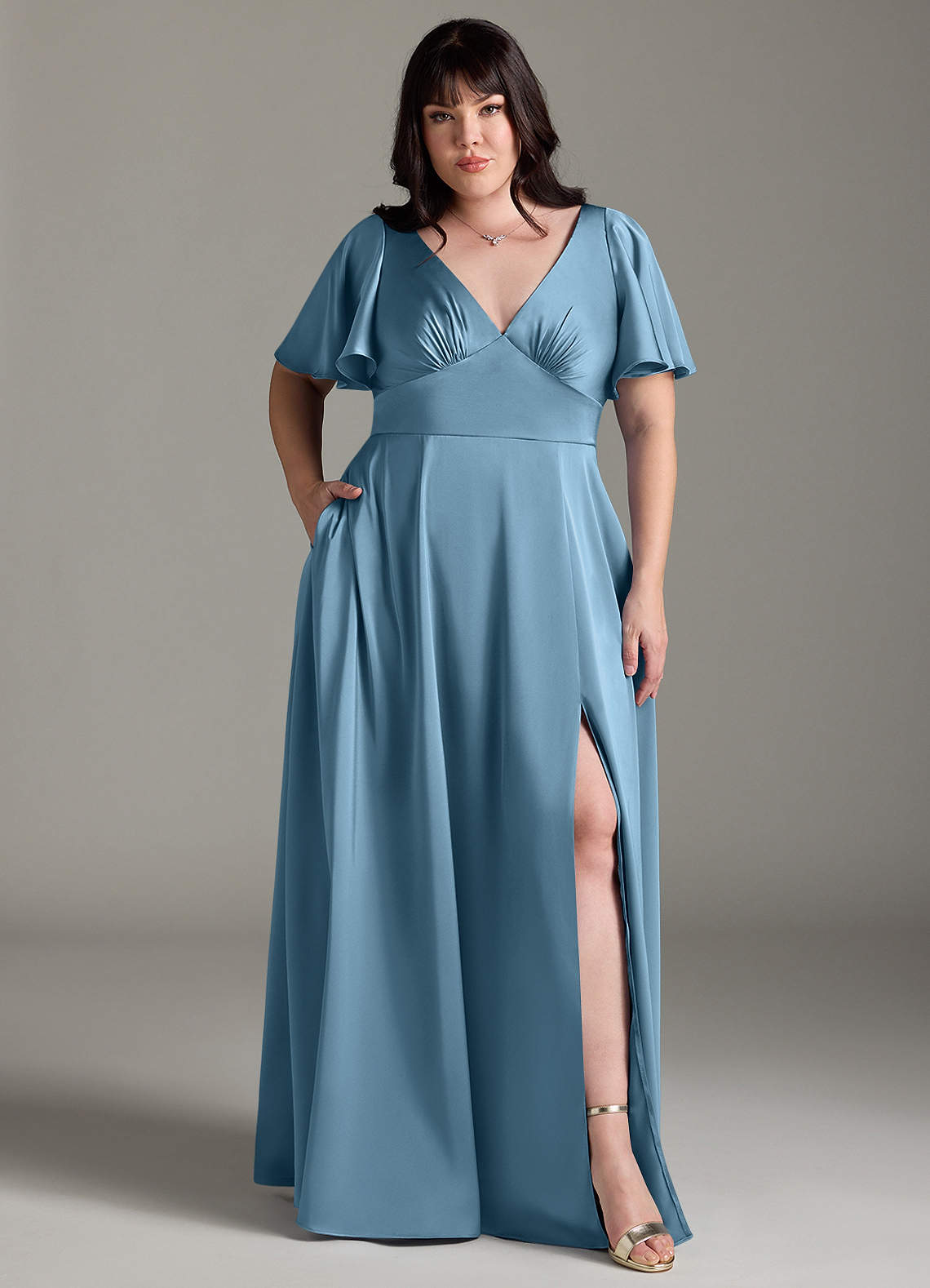 Azazie Kimber Bridesmaid Dresses Steel Blue A-Line Ruched Stretch Satin Dress image1