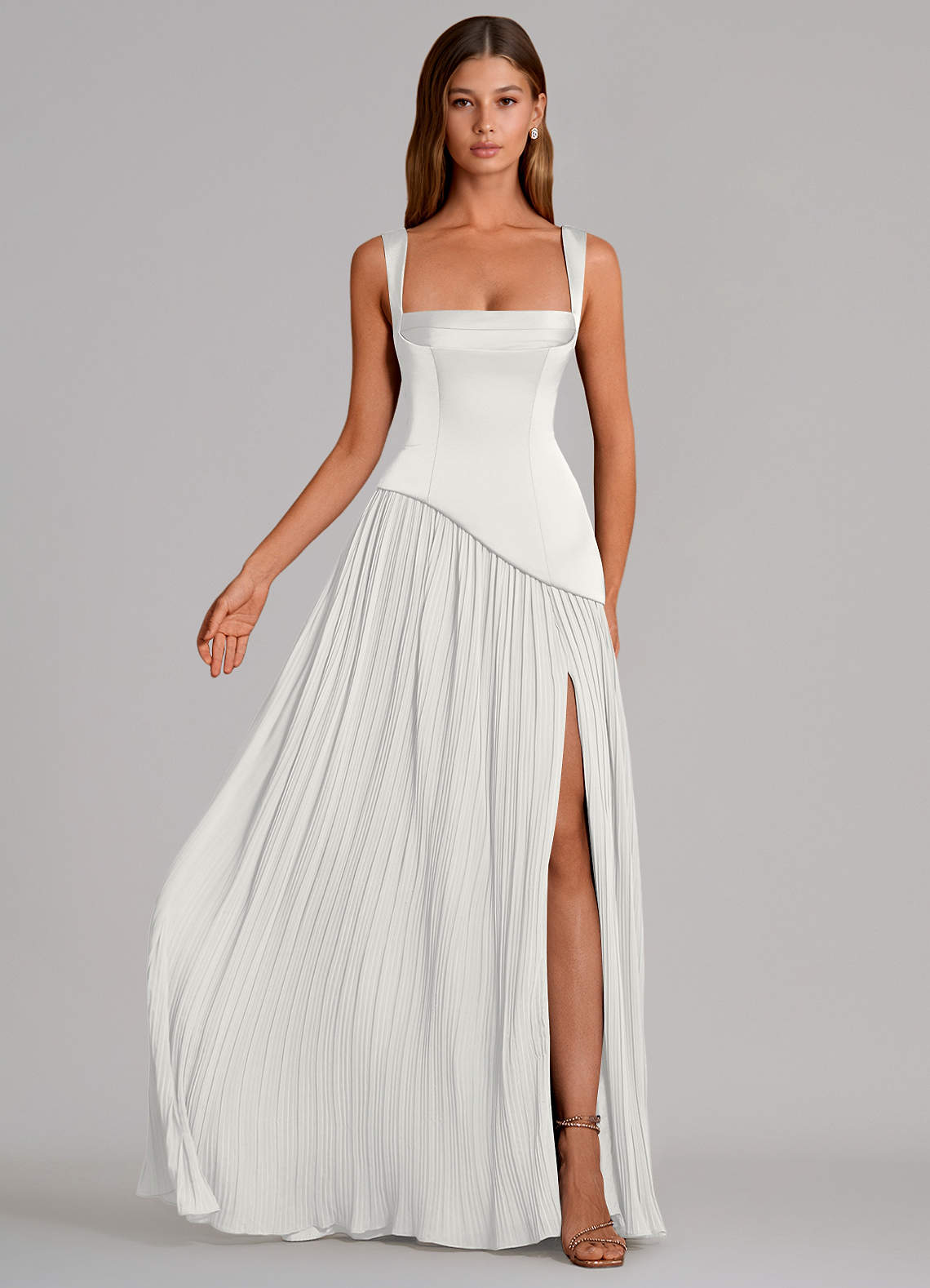 Azazie Stephanie Vestidos de madrinha de casamento Vestido Branco de Cetim elástico de Linha A com Plissado image3