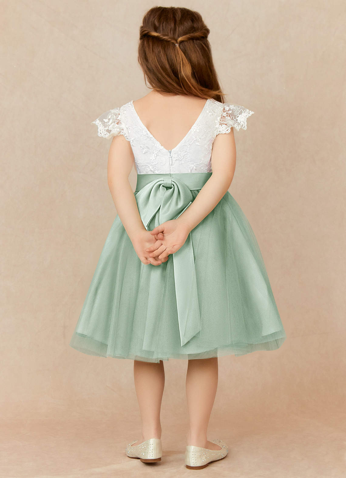 Azazie Vetty Flower Girl Dresses Ivory Agave A-Line Lace Tulle Dress image1