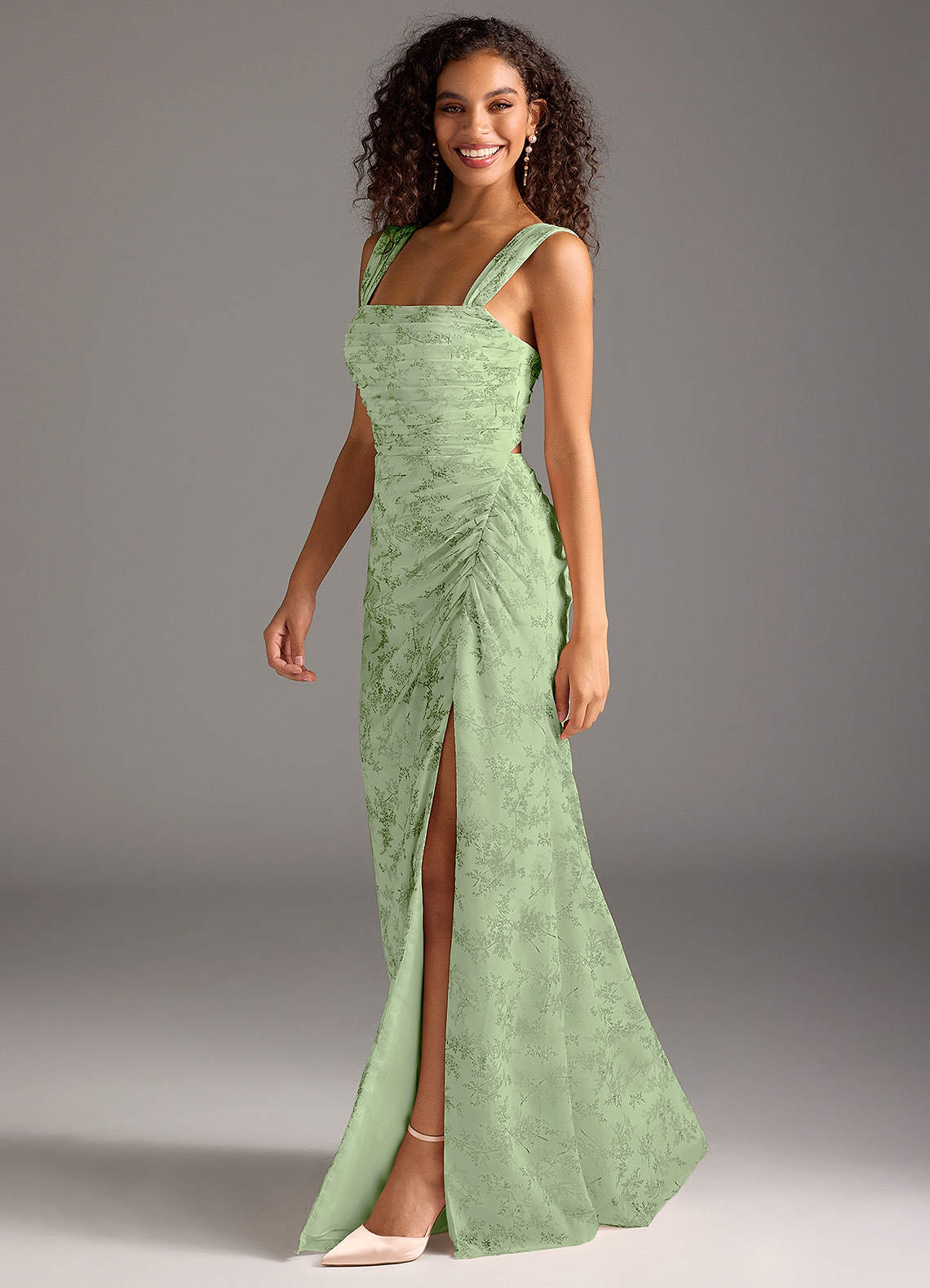 Azazie Jesaphine Bridesmaid Dresses Green Fern Floral Sheath Bow Chiffon Dress image3