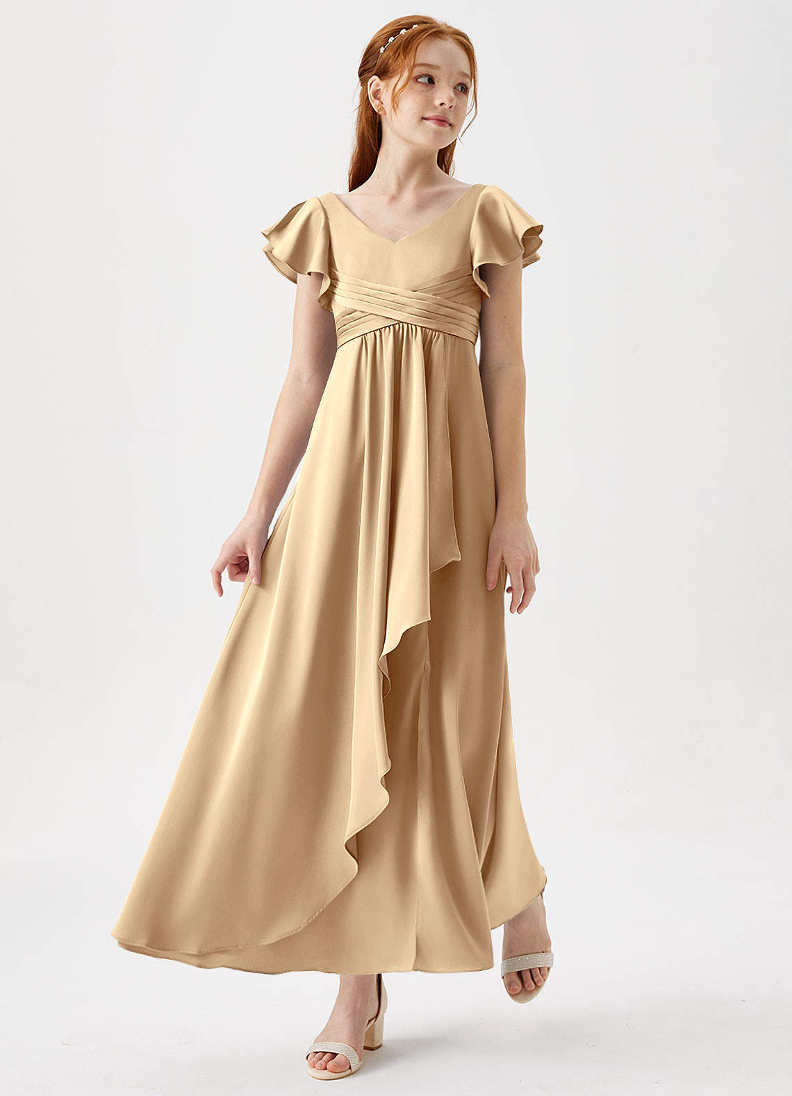 Azazie Omari Junior Champagne A-Line Pleated Stretch Satin Dress image1