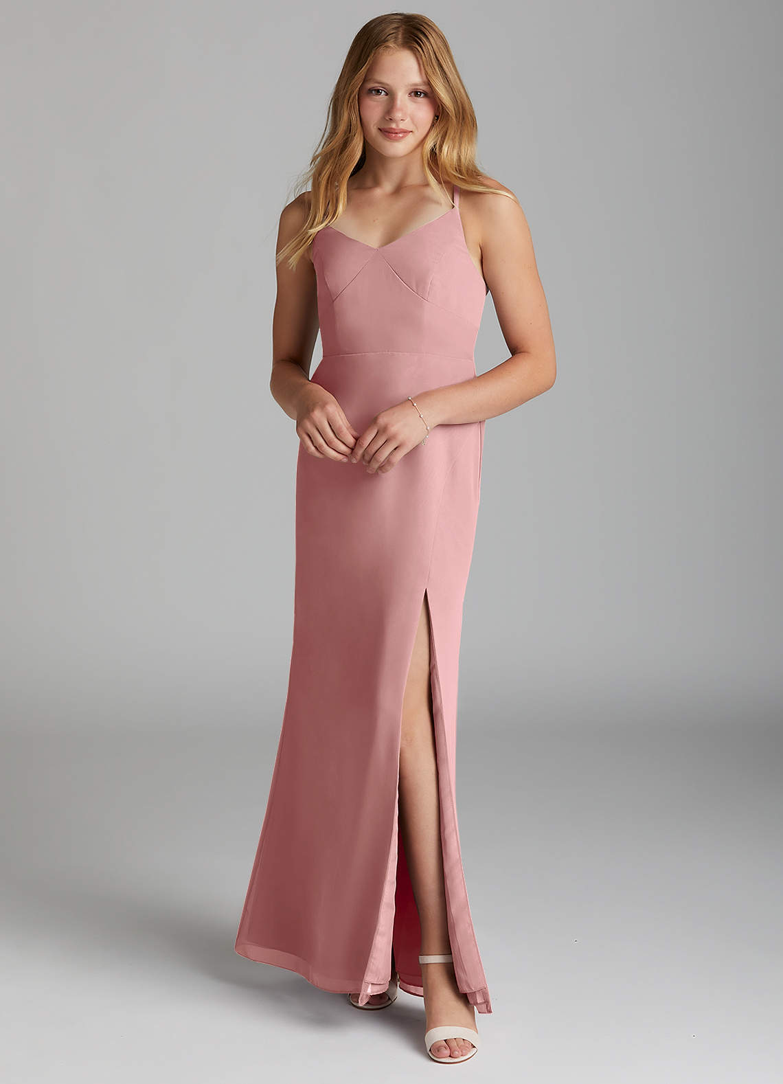 Azazie Becca Junior Robe Sirène en Mousseline de soie Rose Poussiéreuse image1