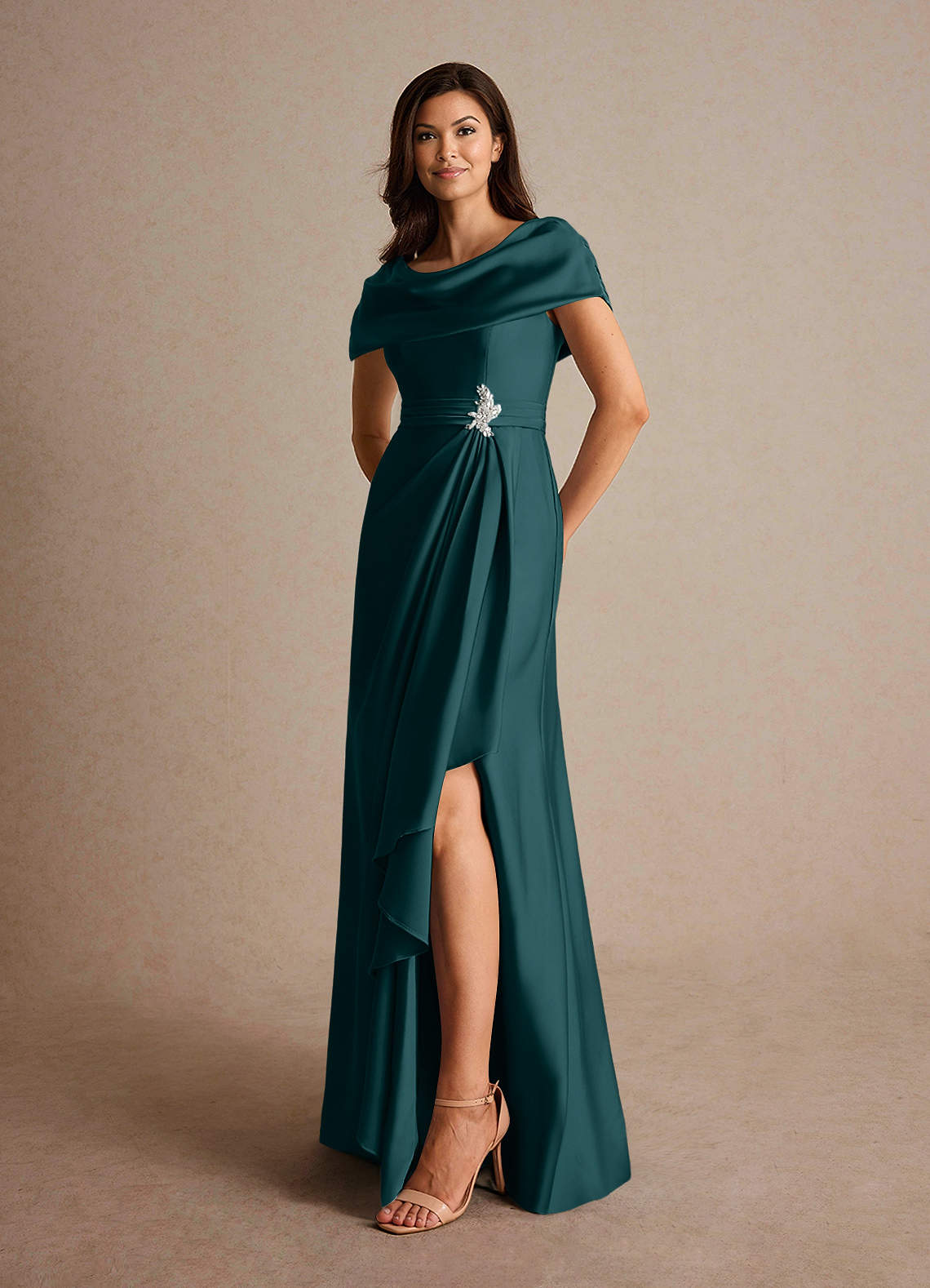 Azazie Branford Mother of the Bride Dresses Pine A-Line Pleated Stretch Satin Dress image7