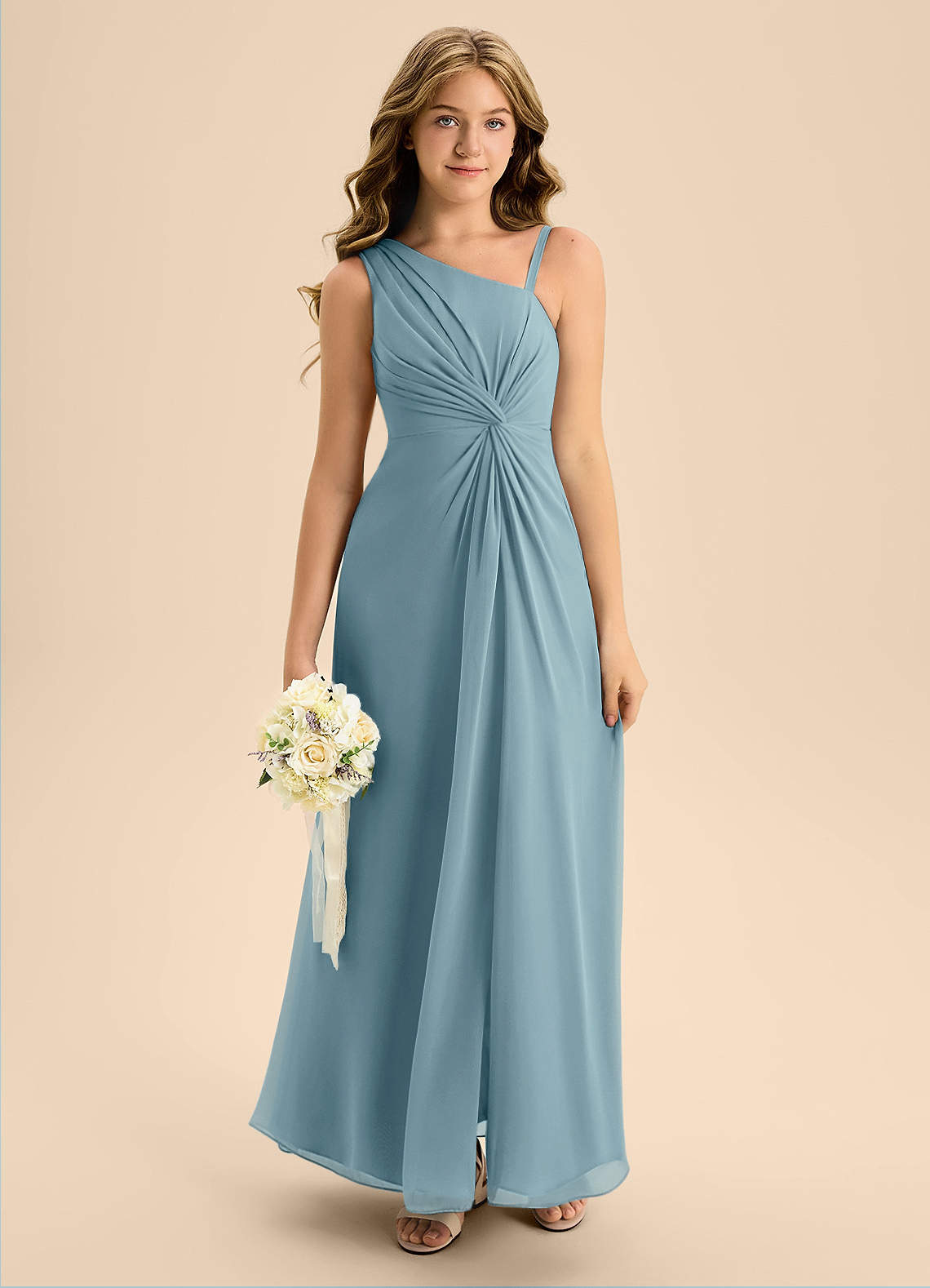 Azazie Brooke Junior Abito A-Line in Chiffon Spacco Laterale Blu Lunatico image2