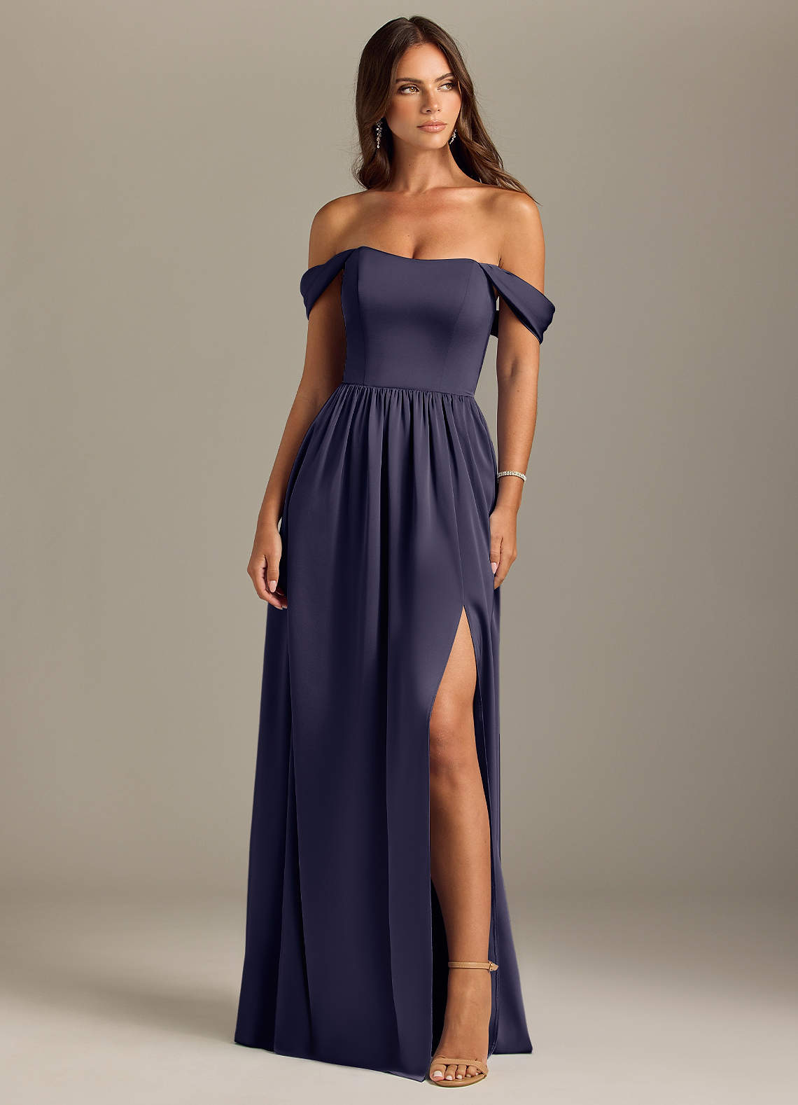 Azazie Calianna Bridesmaid Dresses Stormy A-Line Off the Shoulder Stretch Satin Convertible Dress image1