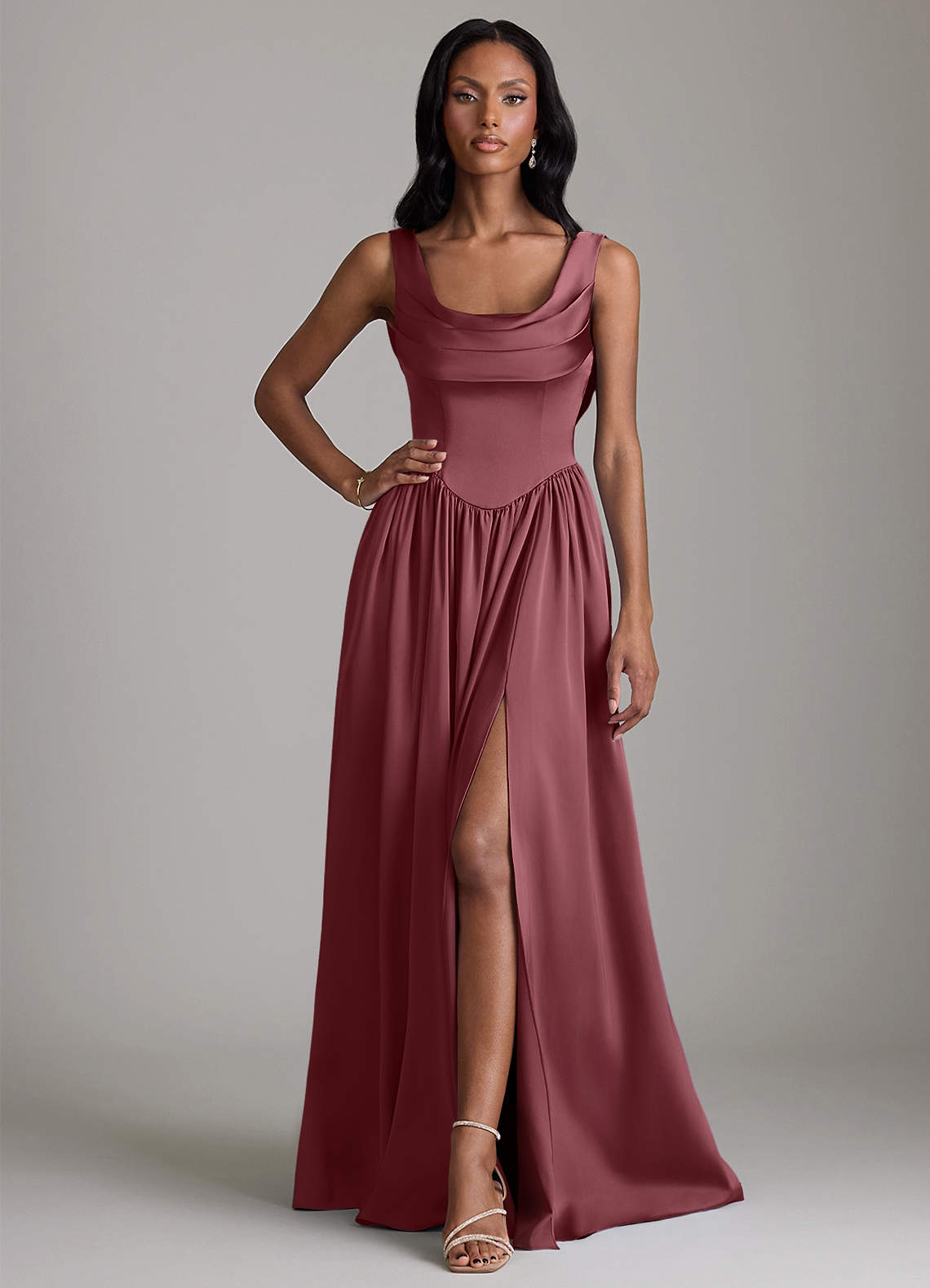Azazie Novi Desert Rose Stretch Satin Bridesmaid Dresses | Azazie
