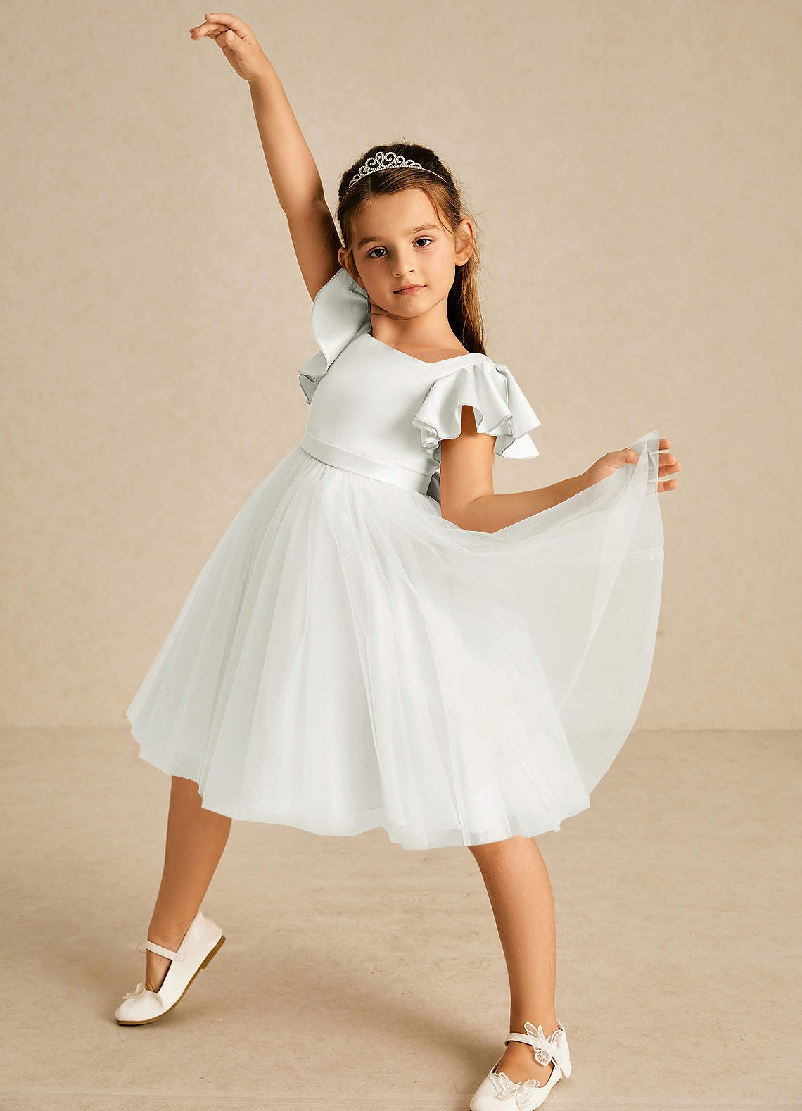 Azazie Kaeya Flower Girl Dresses Diamond White A-Line Bow Tulle Dress image1