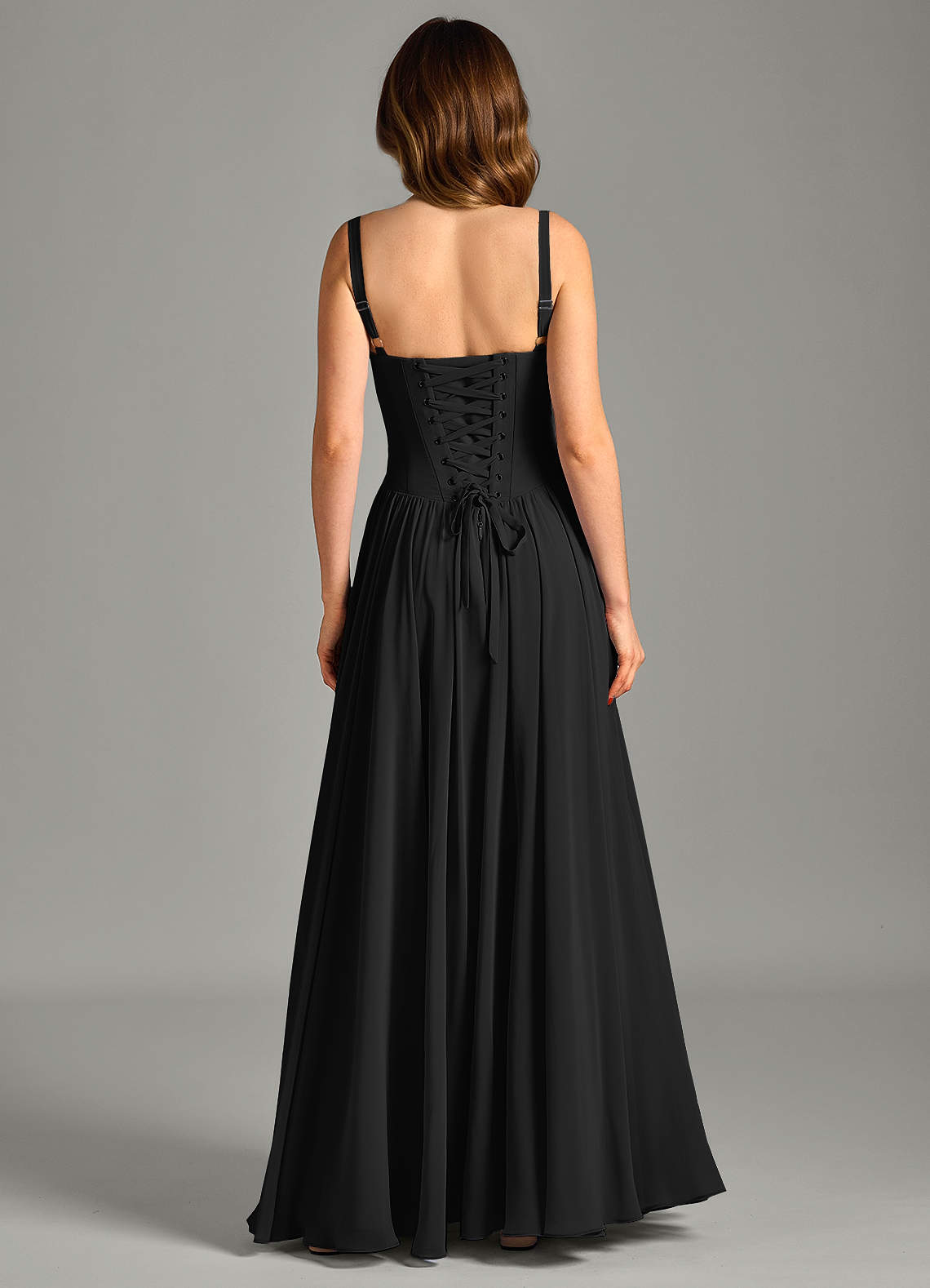 Azazie Evadina Bridesmaid Dresses Black A-Line Corset Chiffon Dress image1