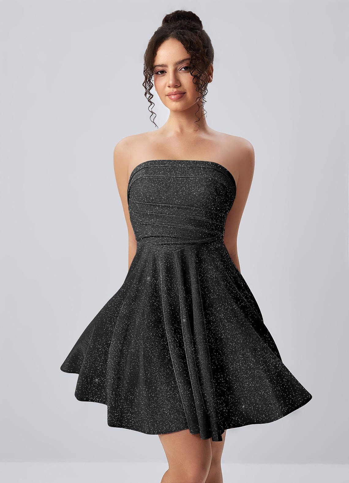 black strapless skater dress Jacinthe Glitter Ruched Lace-Up Mini Charactopia07