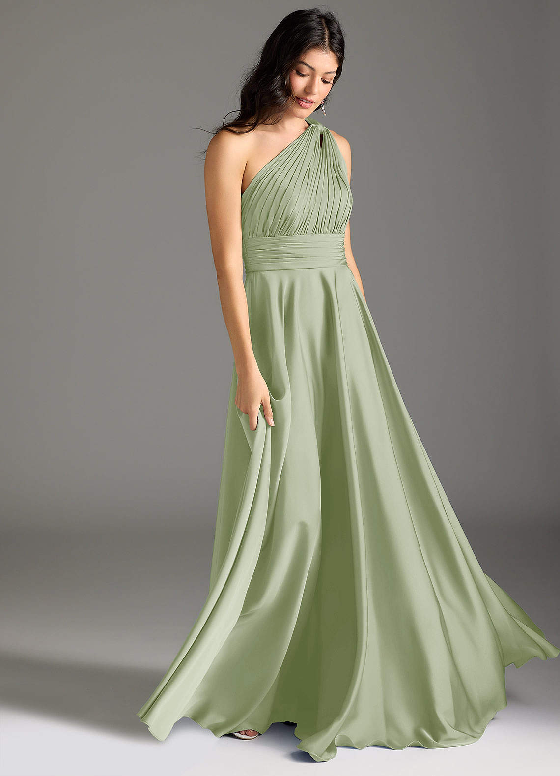 Azazie Charlize Bridesmaid Dresses Dusty Sage A-Line One Shoulder Stretch Satin Dress image2