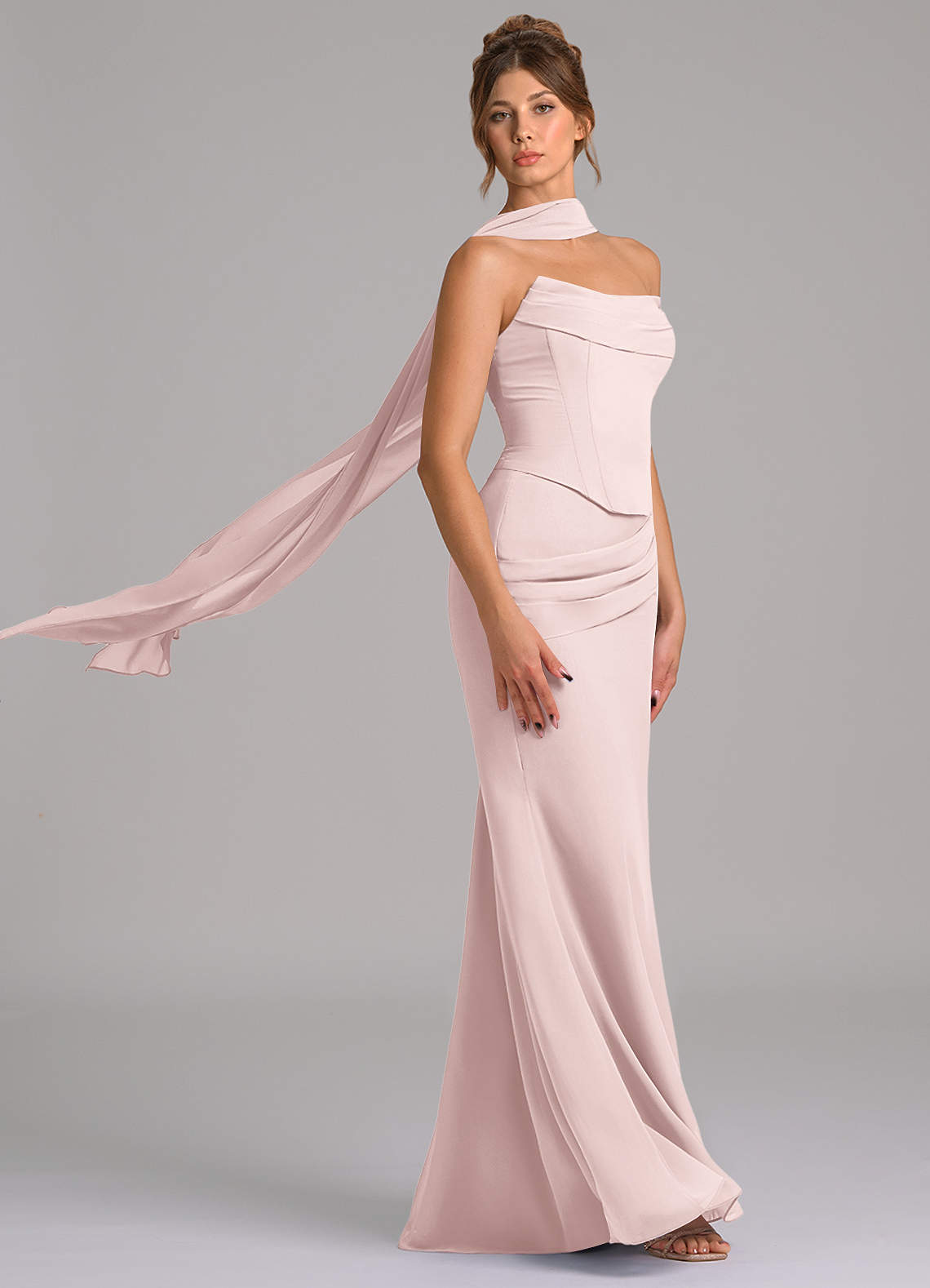 Azazie Sorrel Vestidos de damas de honor Vestido de Rosa Rubor de Gasa de Corte Sirena con Corsé image2