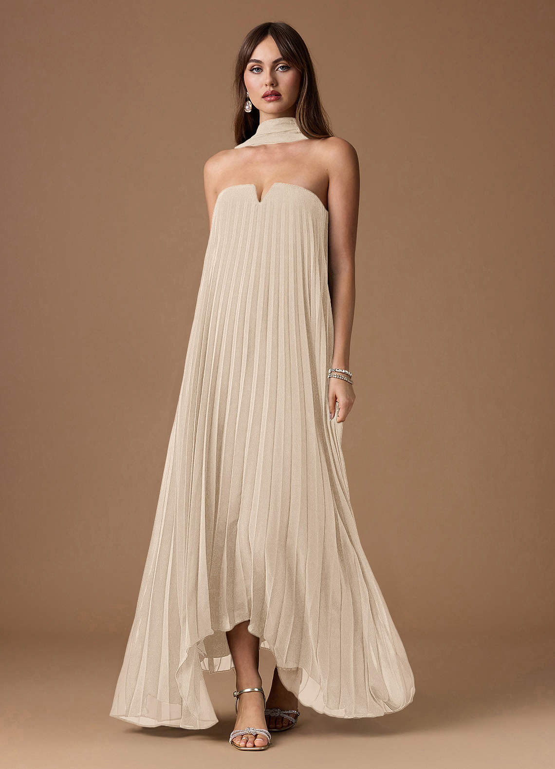 Nahla Cream Allover Pleated Maxi Dress | Azazie