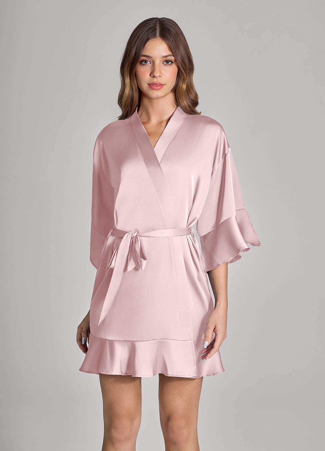 front Matching Color Ruffled Satin Robe