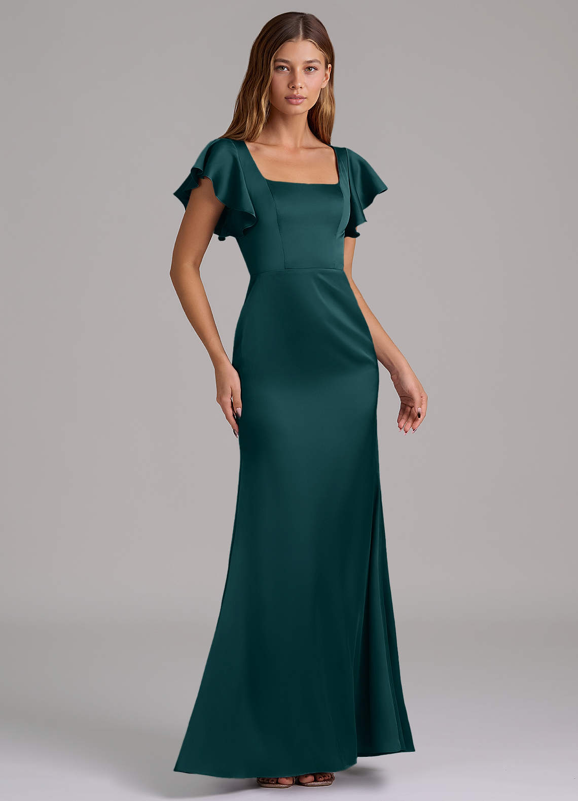 square neck satin bridesmaid dress Tulle A-line V-neck Wedding Dress With Lace Appliques, Wedding Gown, MW923 main image 1