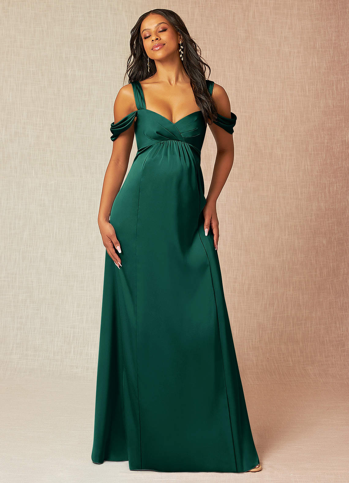 Azazie Rhea Maternity Bridesmaid Dresses A-Line Off-The-Shouler Pleated Stretch Satin Floor-Length Dress image3