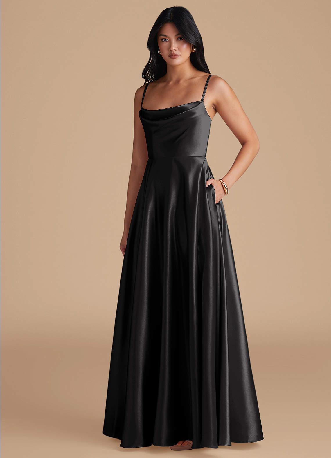 Elle Black A-Line with Pockets Maxi Satin Dress image1