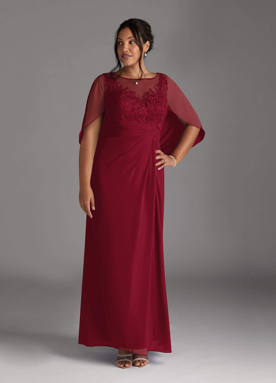 Azazie Hera Mother of the Bride Dresses Burgundy A-Line Lace Capelet Chiffon Dress image5