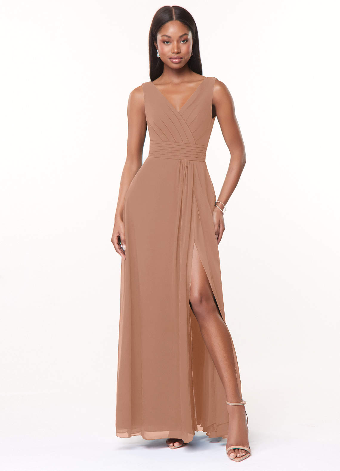 Azazie Karina Bridesmaid Dresses Champagne Rose A-Line Pleated Chiffon Dress image1