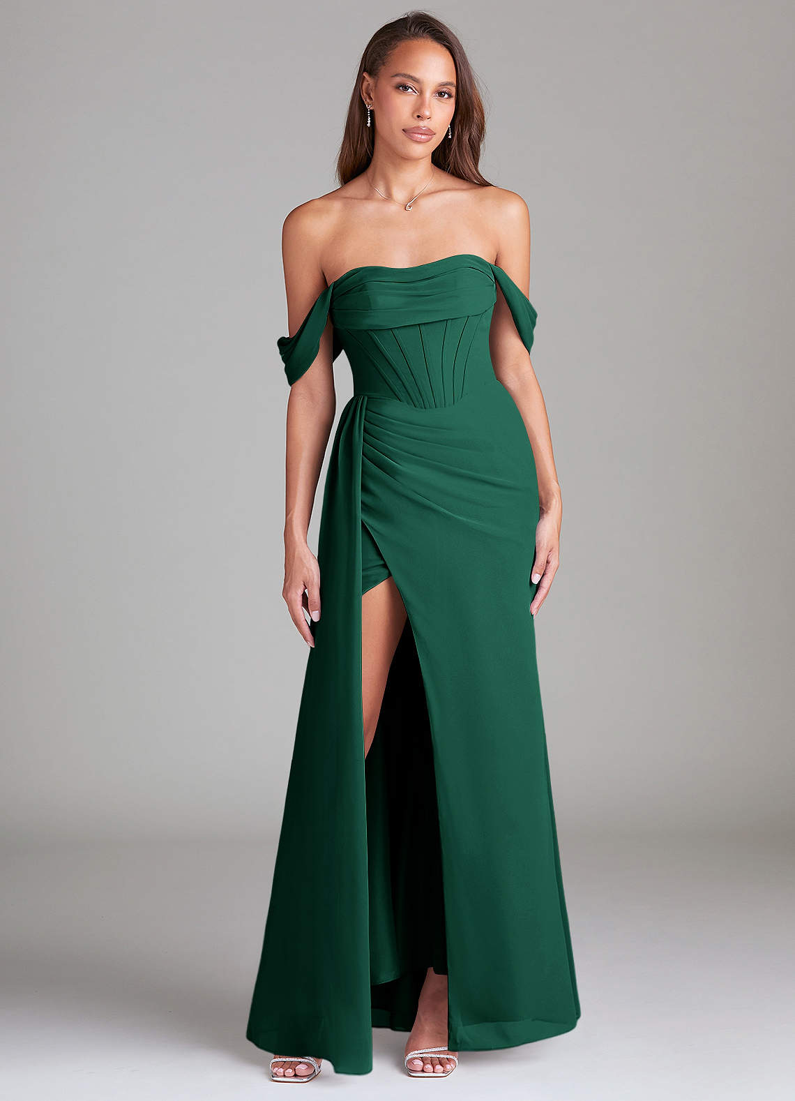 Azazie Amyra Bridesmaid Dresses Emerald Sheath Off the Shoulder Chiffon Convertible Dress image1
