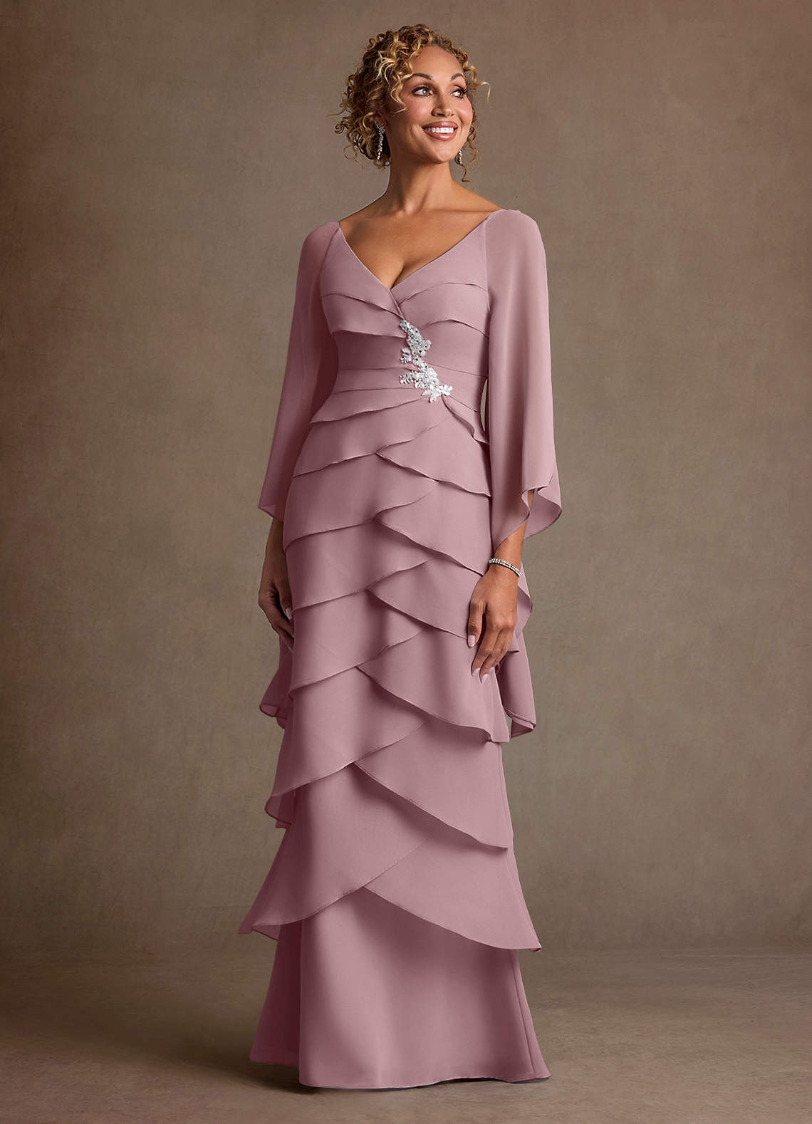 Azazie Arabinda Final Sale Dusty Rose Sheath Ruched Chiffon Dress image3