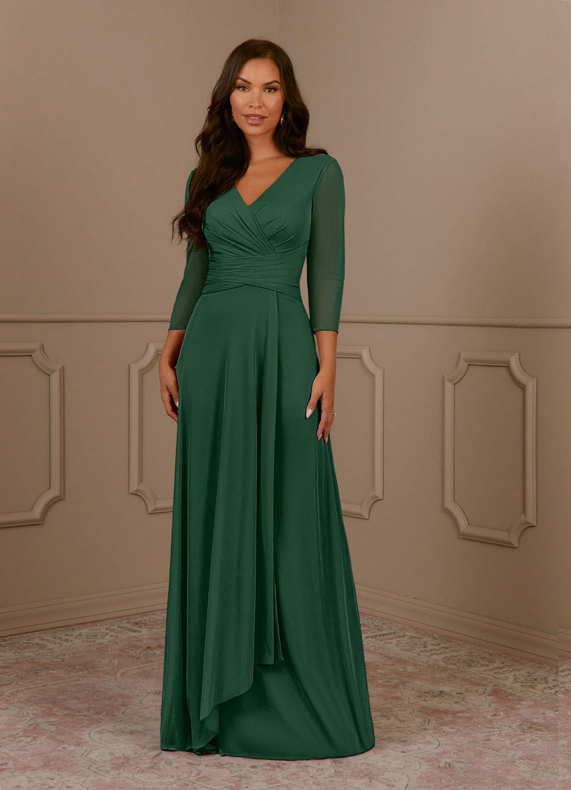 Azazie Annetta Mother of the Bride Dresses Dark Green A-Line V-Neck Pleated Mesh Dress image1