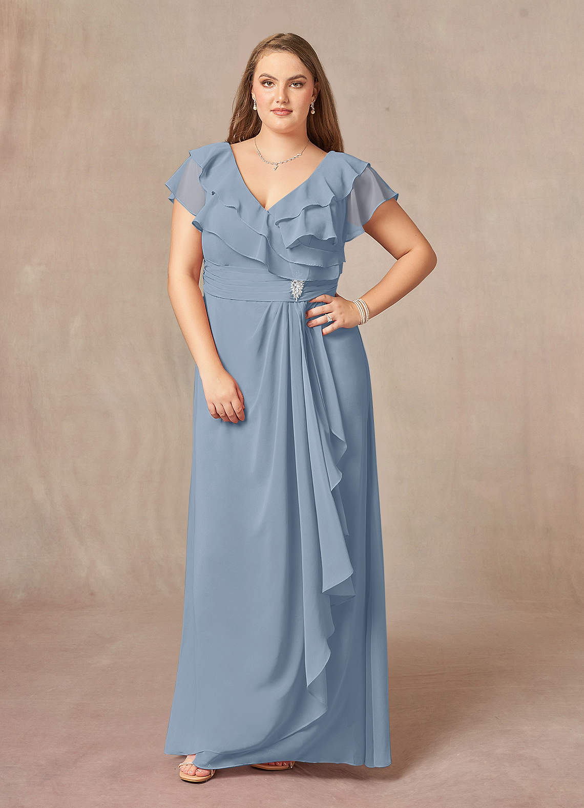 Azazie Snapdragon Brudens mor kjoler A-Line V-hals Ruched Chiffon Gulv-længde Kjole image8