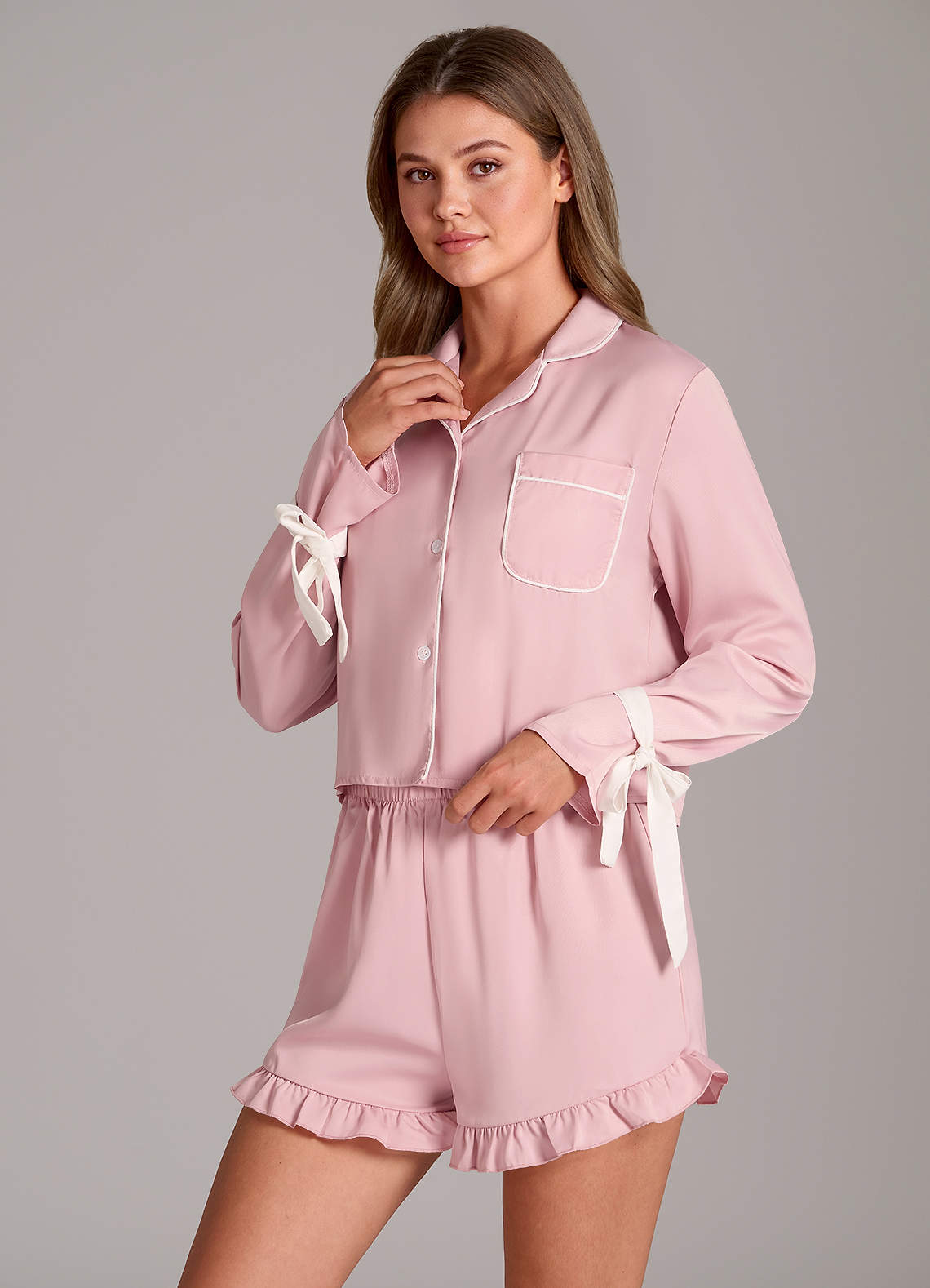 front Satin Contrast Piping Tie Sleeve Ruffle Pajama Shorts Set